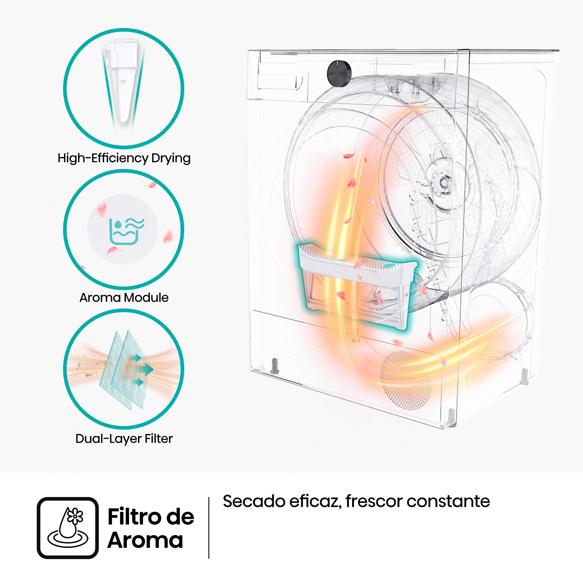 Secadora transparente que muestra el flujo de aire, tres círculos de características a la izquierda y texto abajo.