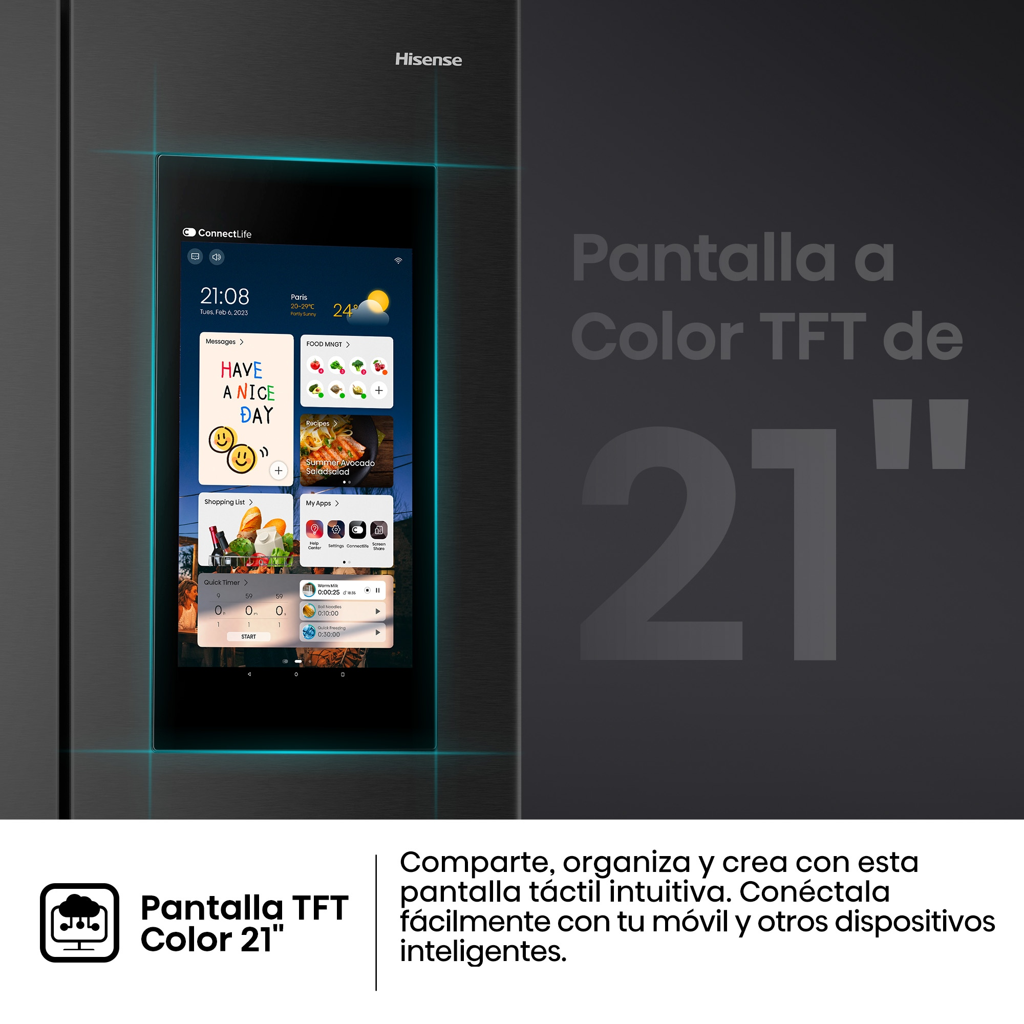 Pantalla táctil TFT a color de 21 pulgadas en un refrigerador Hisense con aplicaciones inteligentes, recetas y clima.