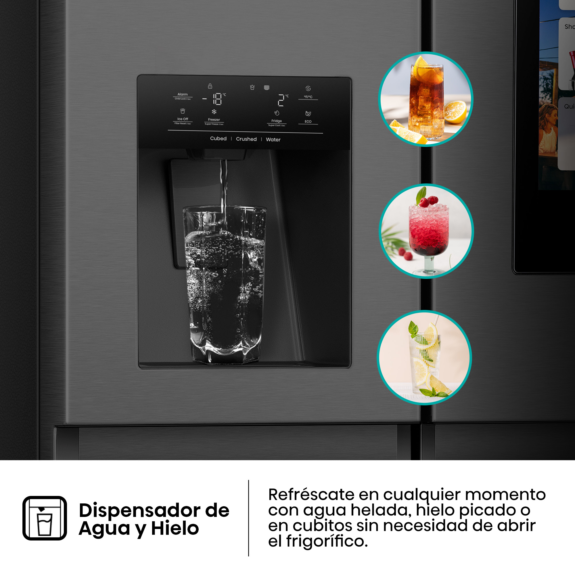 Un dispensador de frigorífico llena un vaso de agua, acompañado de imágenes de bebidas refrescantes.