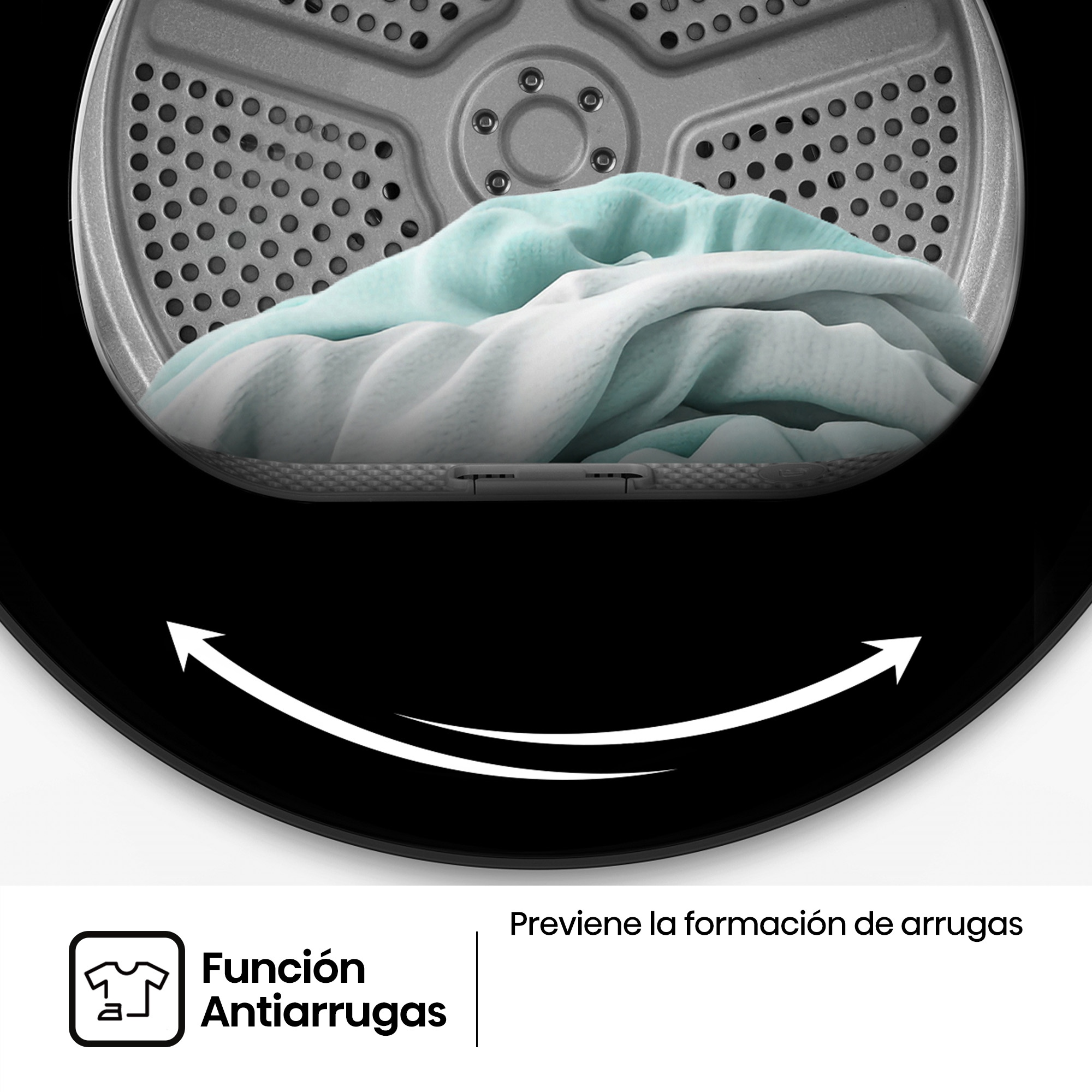 La función antiarrugas muestra textiles en una secadora con flechas.