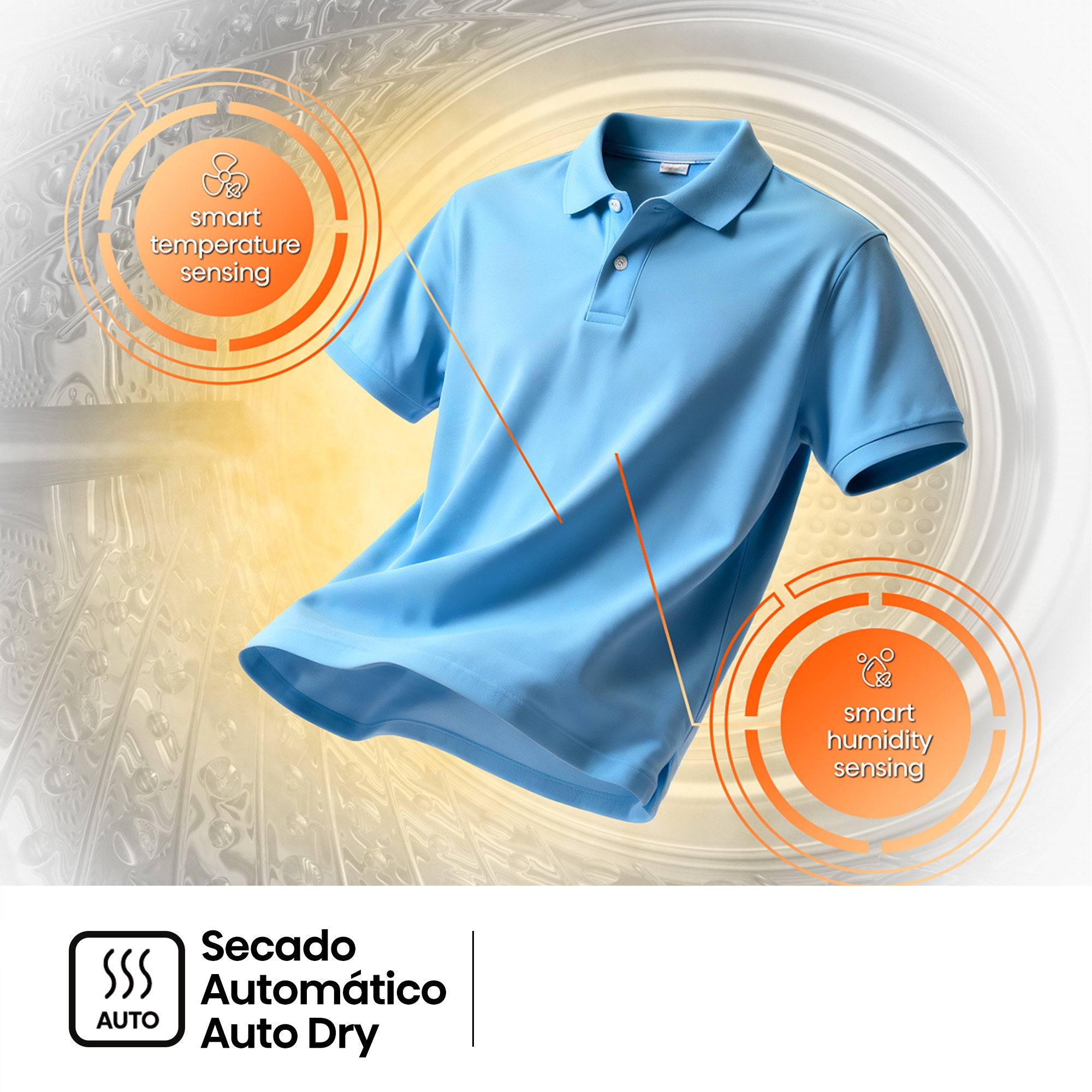 Un polo azul claro flota en un tambor, con iconos naranjas de sensores inteligentes de temperatura y humedad.
