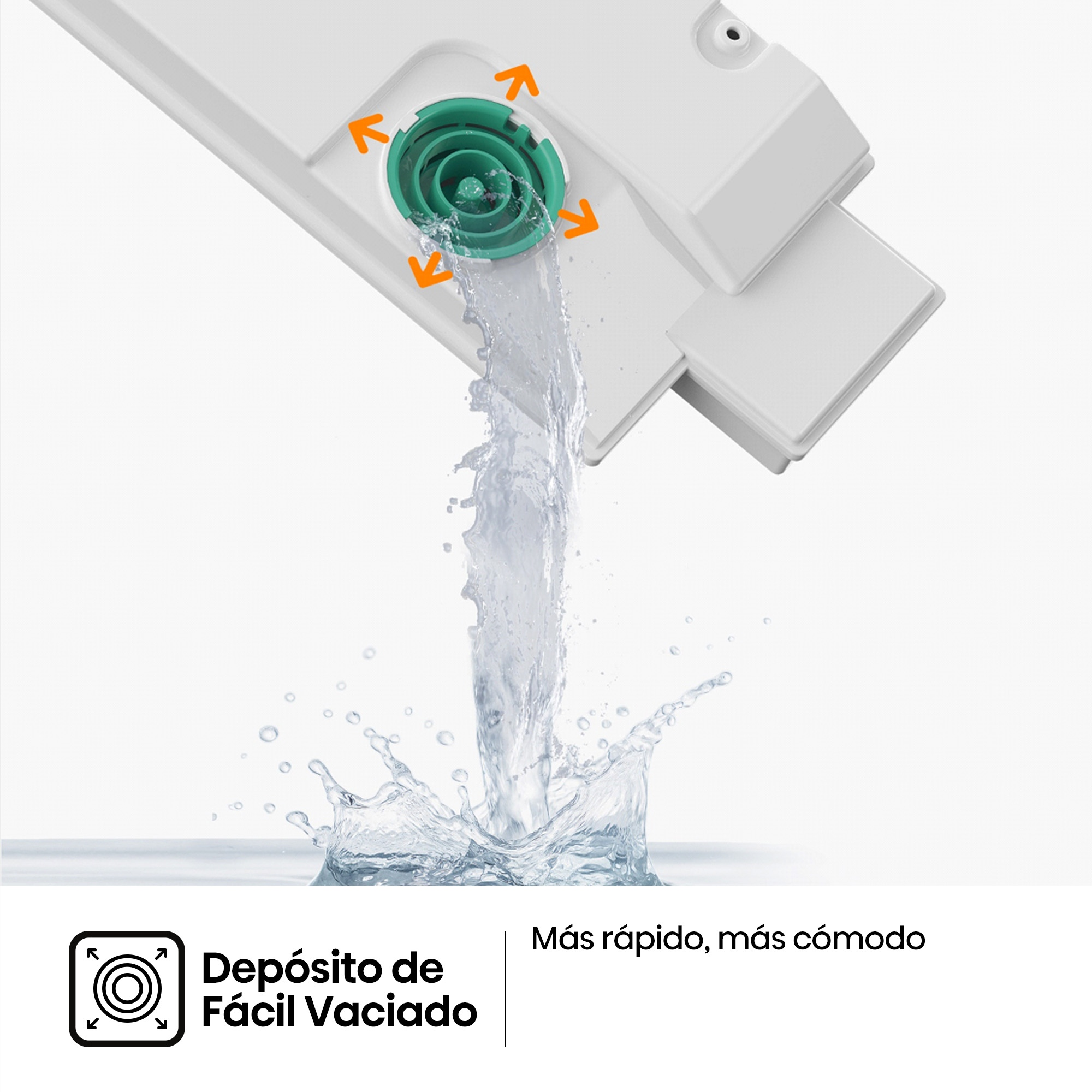 Agua se vierte de un recipiente blanco con tapa verde, creando un chapoteo.