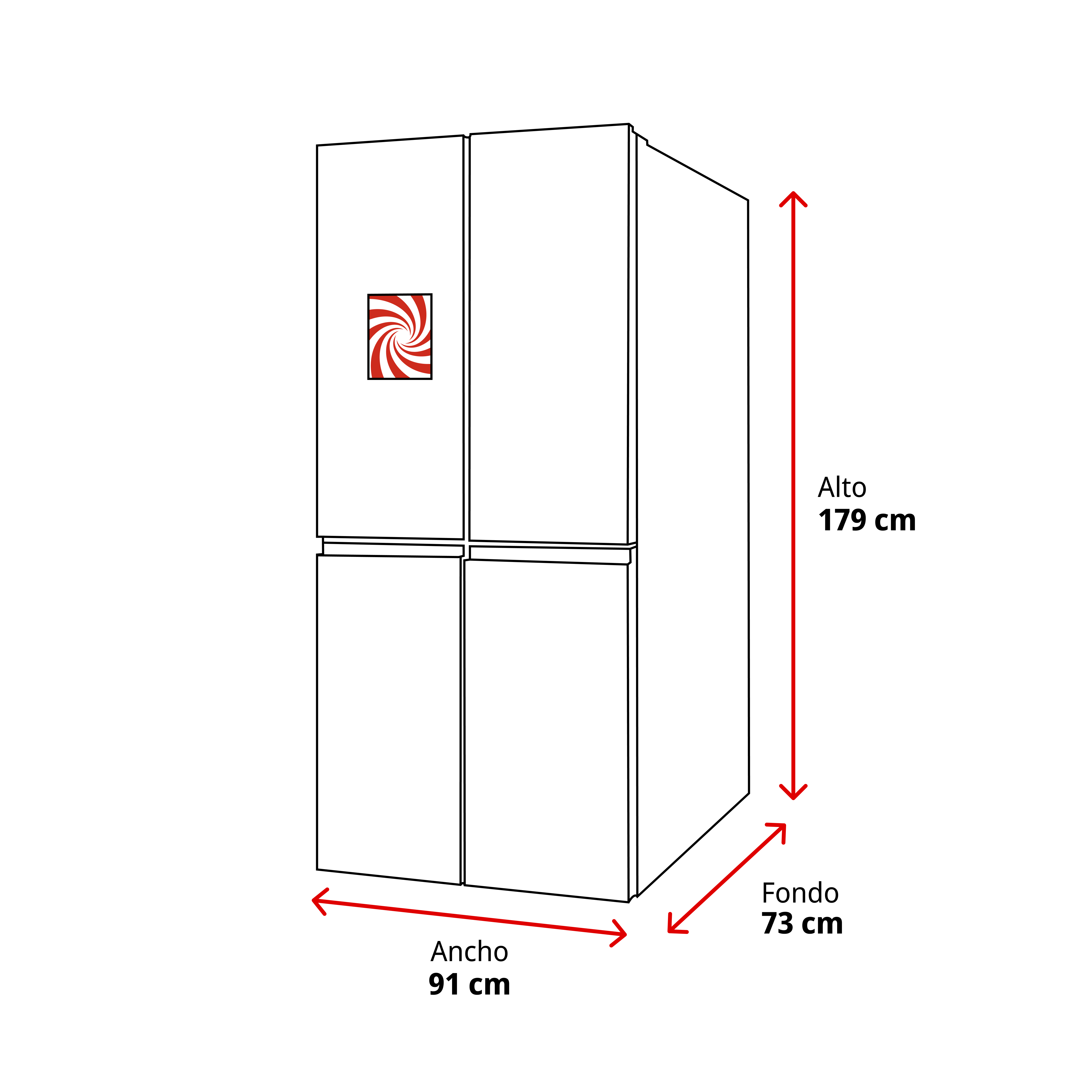 Dibujo lineal de un refrigerador de cuatro puertas con medidas de alto, ancho y fondo.