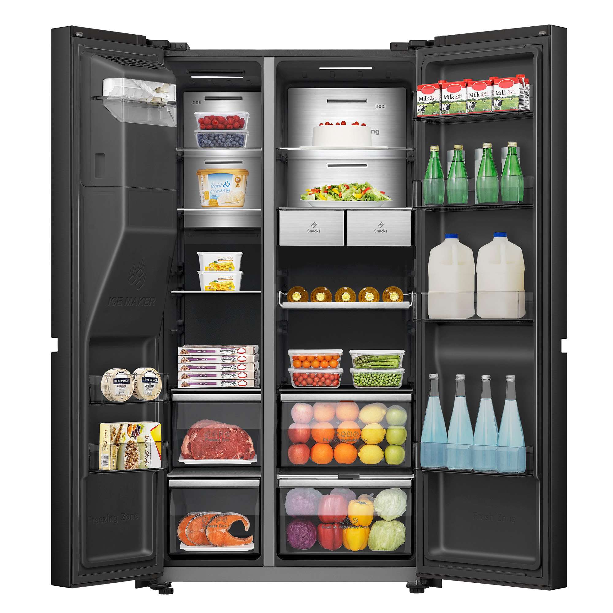 Un refrigerador negro abierto lleno de frutas, verduras, bebidas, lácteos y carne.