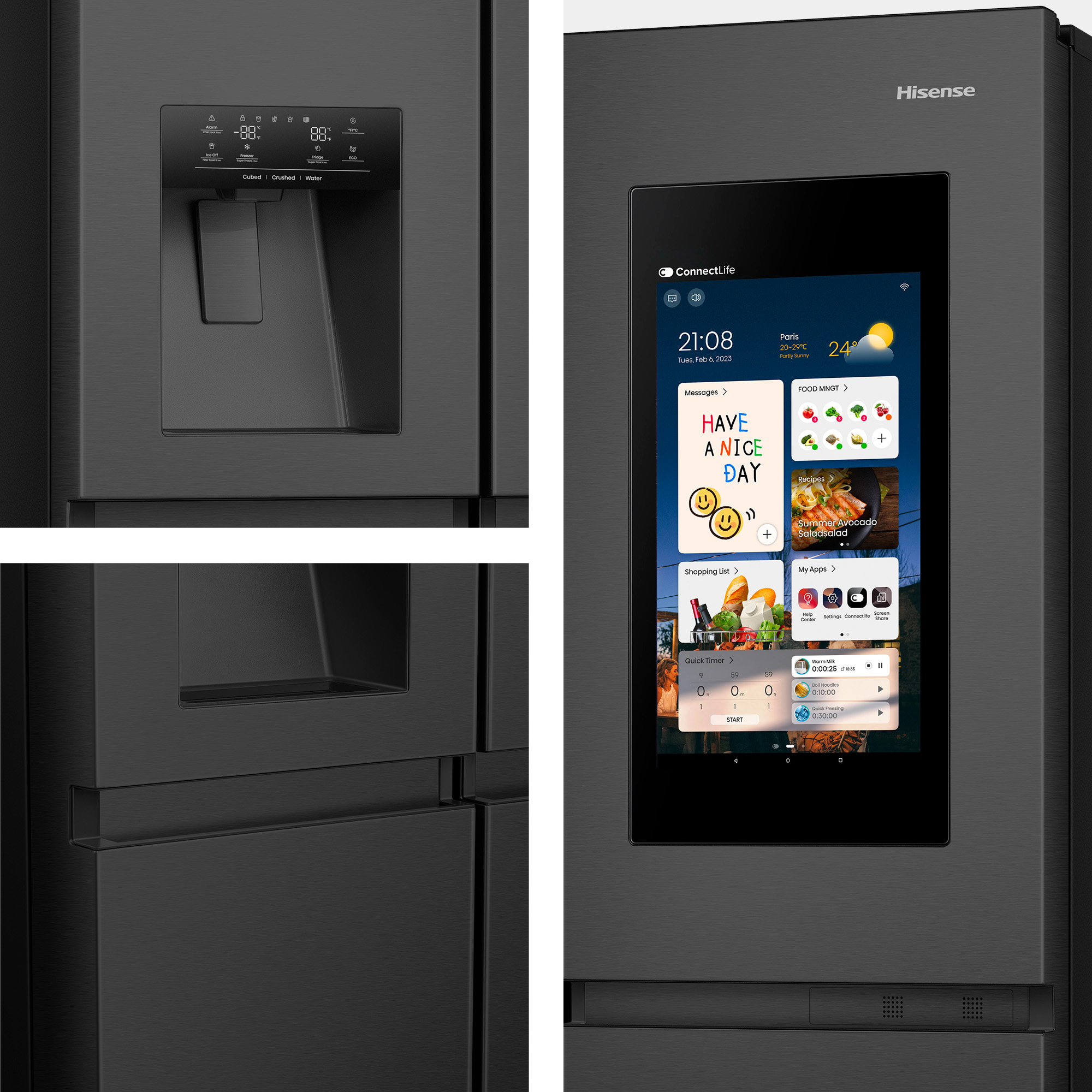 Un refrigerador inteligente Hisense negro con pantalla táctil integrada, dispensador de agua y elegante acabado metálico.