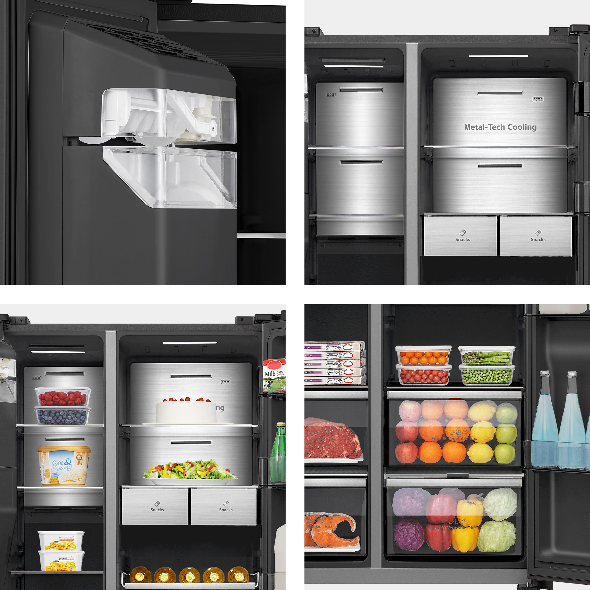 Cuatro paneles que muestran un refrigerador negro con fábrica de hielo y estantes interiores iluminados.