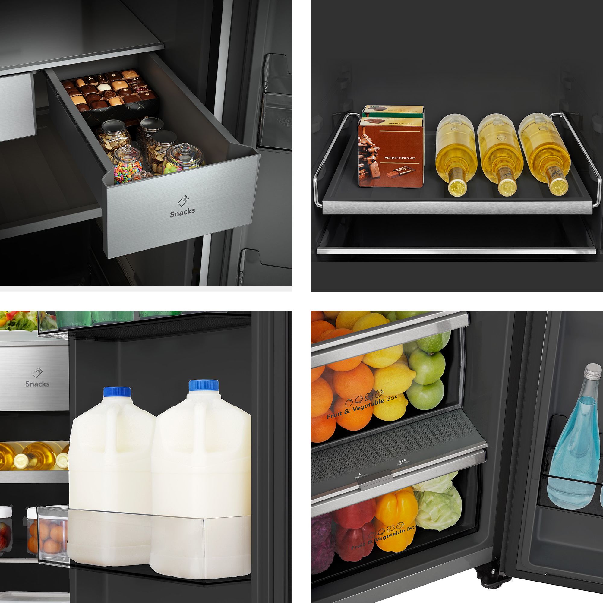 Un interior de refrigerador muestra un cajón para snacks con chocolates y frascos de dulces y frutos secos.
