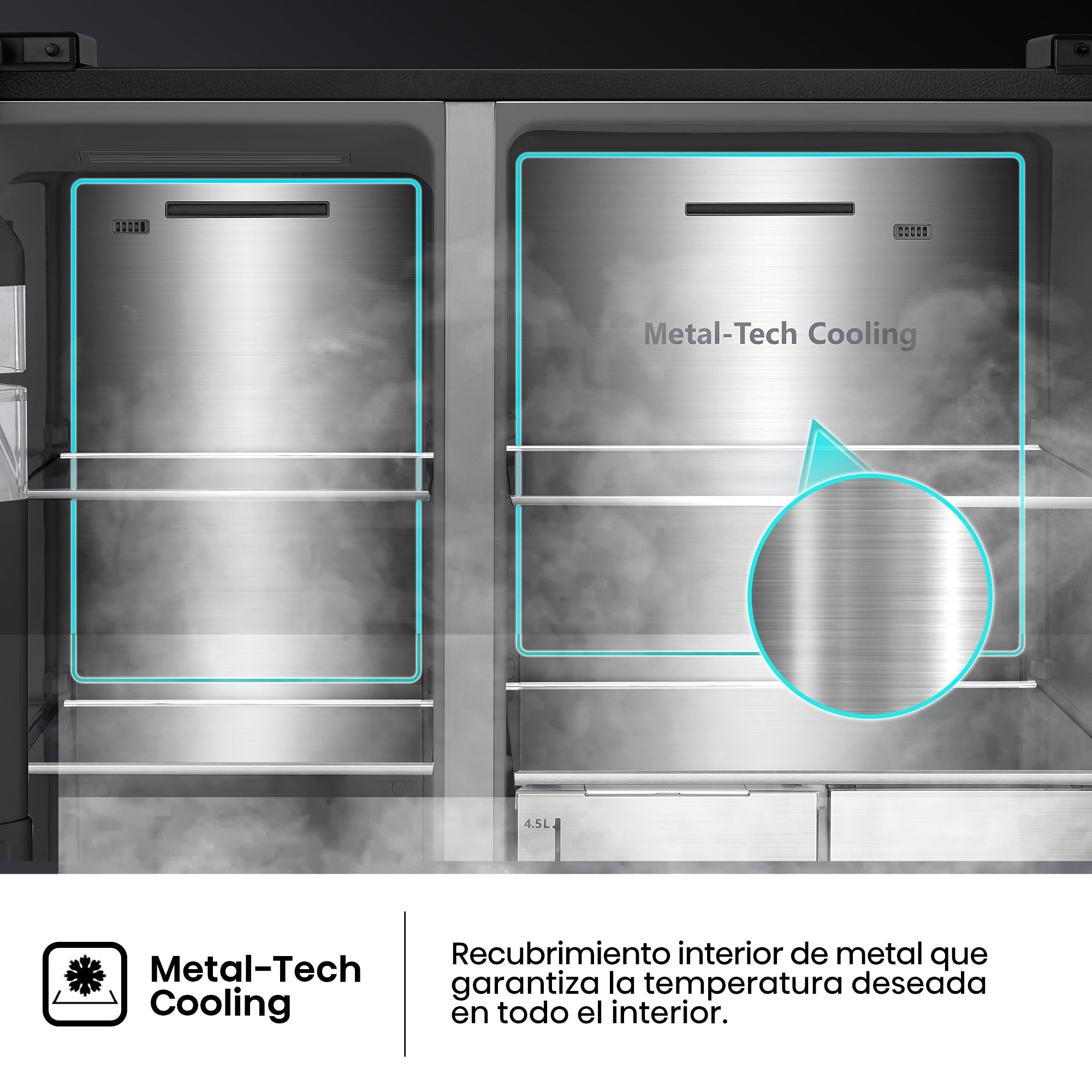 Interior de refrigerador abierto con paneles Metal-Tech Cooling y estantes rodeados de neblina.