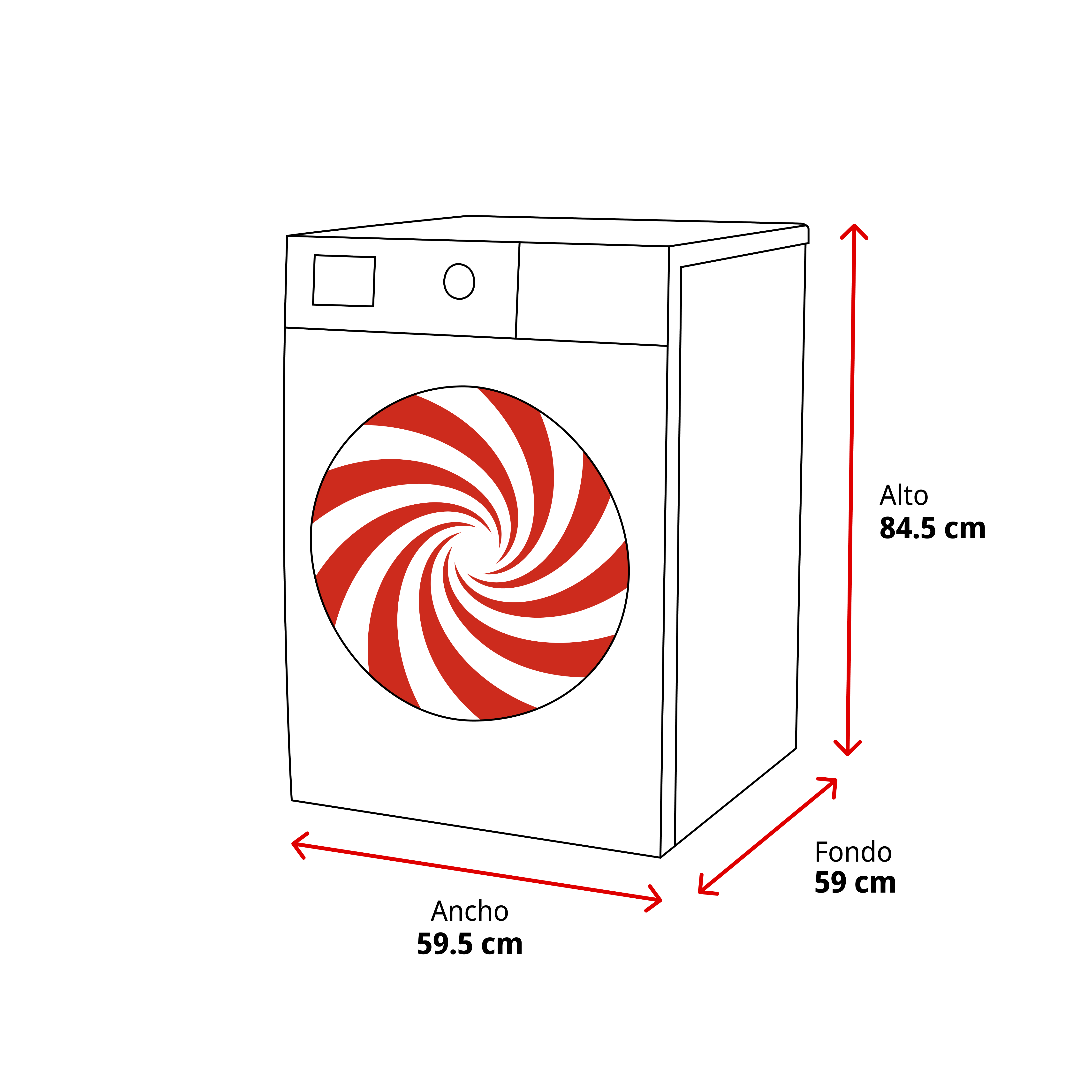 Esquema de una lavadora con dimensiones: alto 84.5 cm, ancho 59.5 cm, fondo 59 cm.