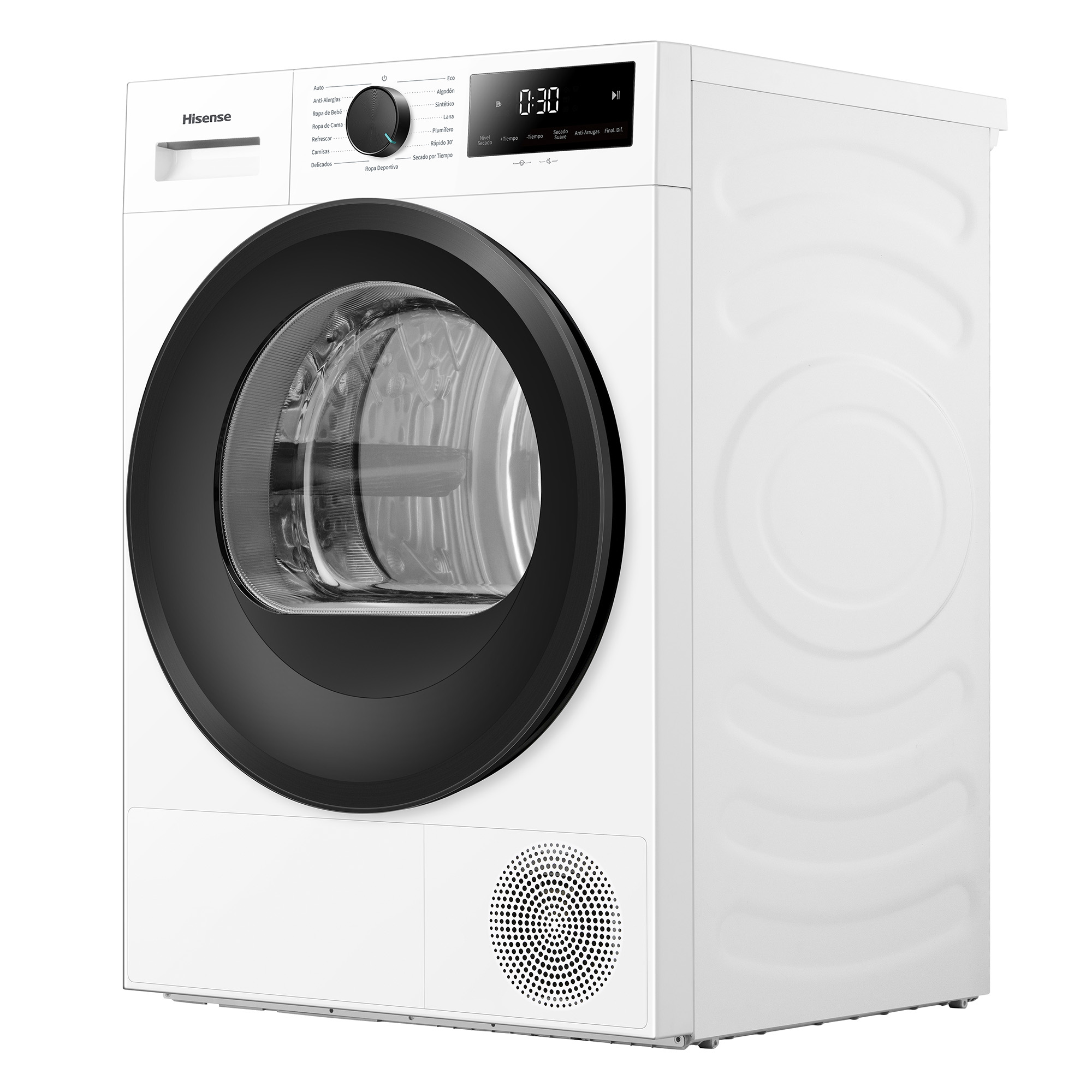 Secadora moderna blanca Hisense con puerta de cristal negra y pantalla digital sobre fondo blanco.