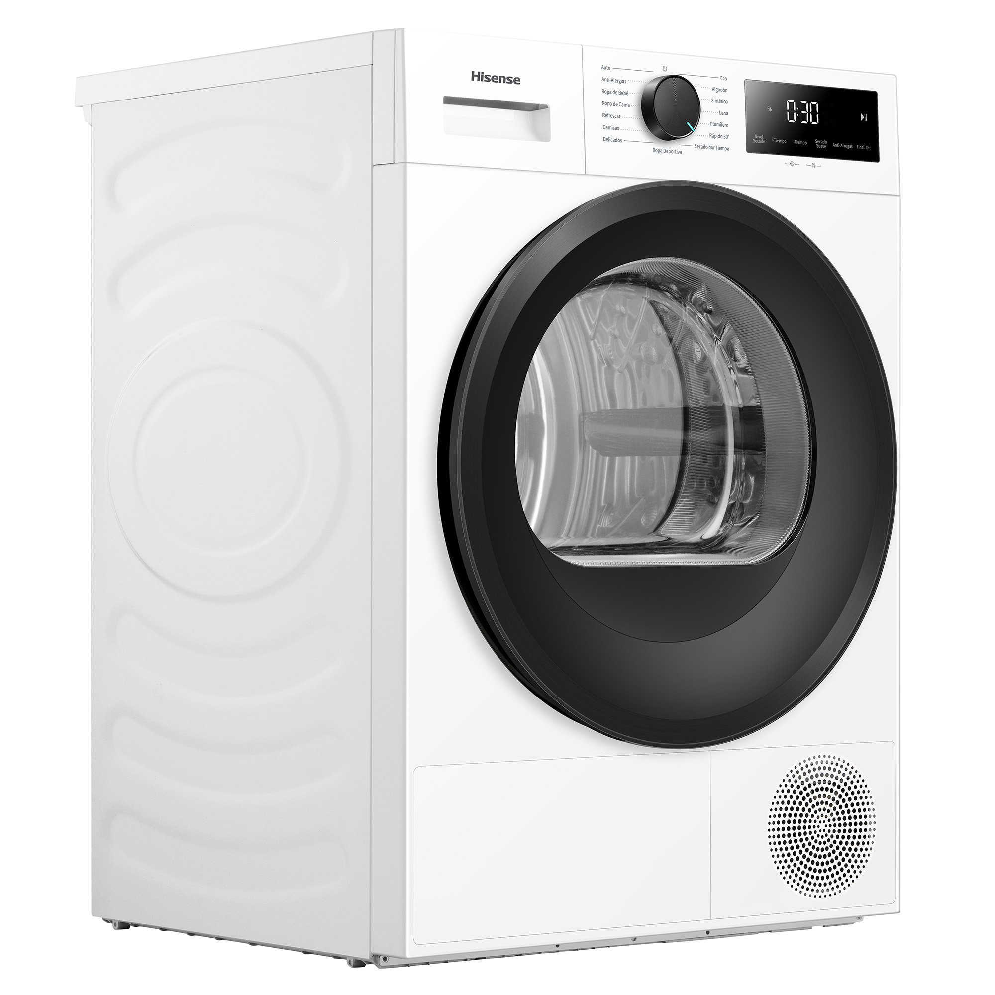 Una secadora Hisense blanca con puerta de cristal negra, rueda de control y pantalla digital sobre fondo blanco.