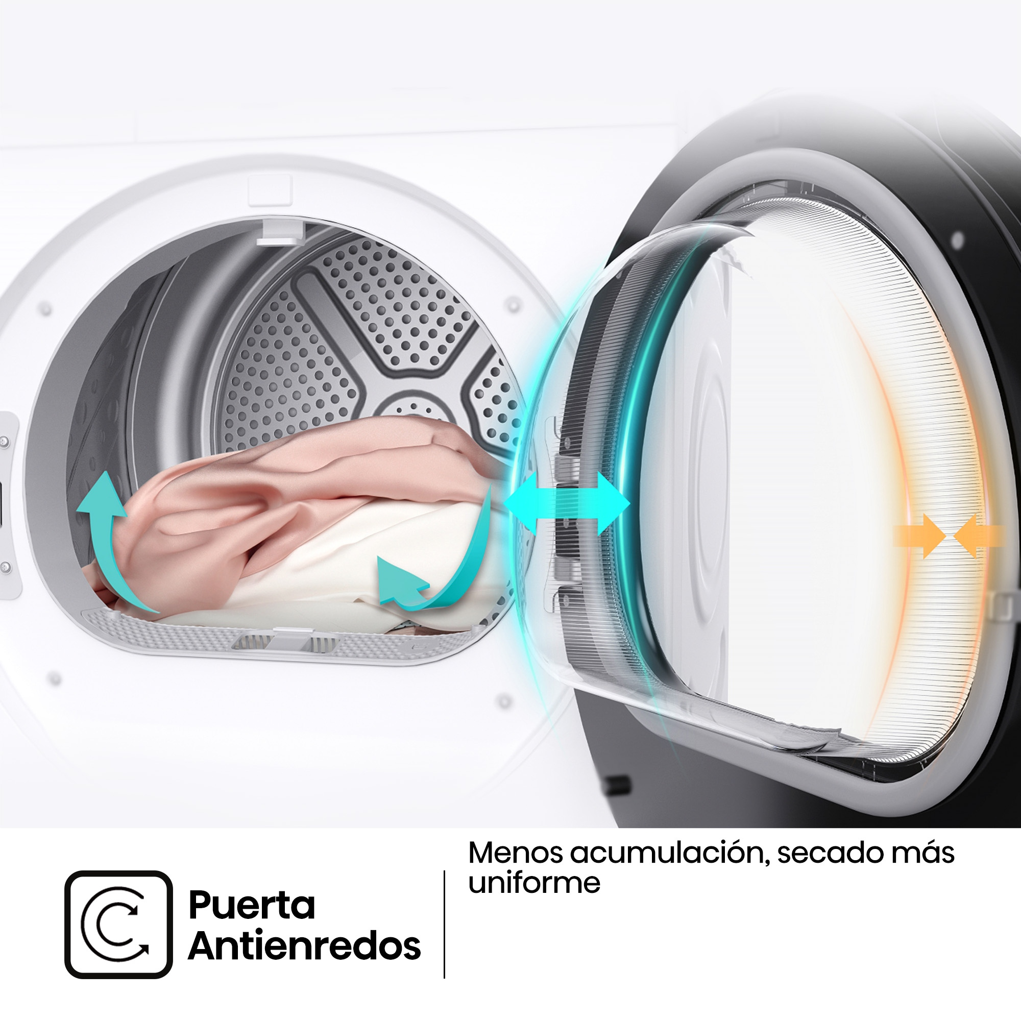 Tambor de secadora con ropa, mostrando flujo de aire y puerta anti-enredos con flechas y texto.