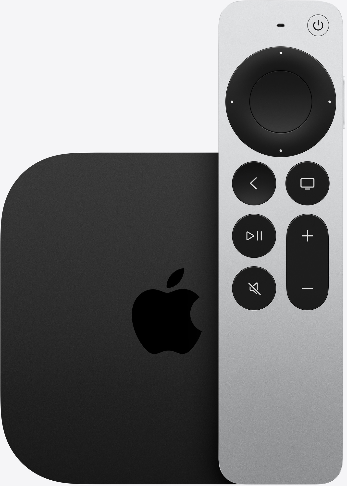 Egy fekete Apple TV készülék az Apple logóval és egy ezüst Siri Remote távirányító.