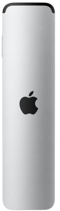 Ezüstszürke Apple távirányító fekete tetejével és központi Apple logóval fehér háttér előtt.