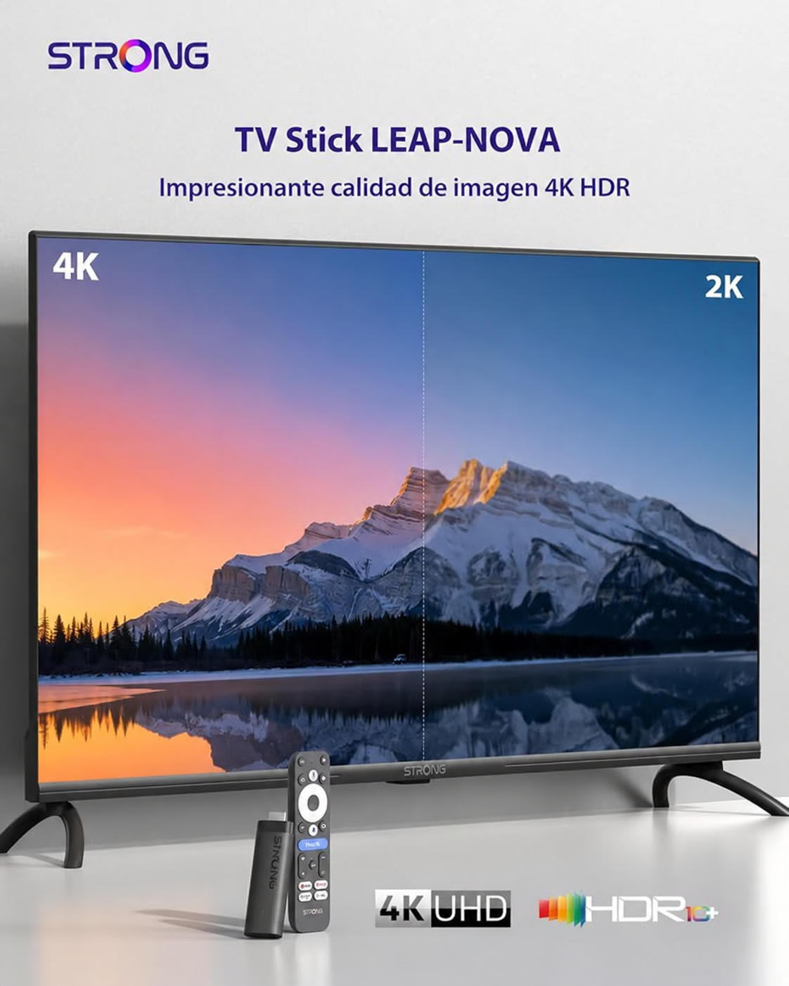 Un televisor muestra un paisaje montañoso comparando 4K y 2K, con un control remoto enfrente.