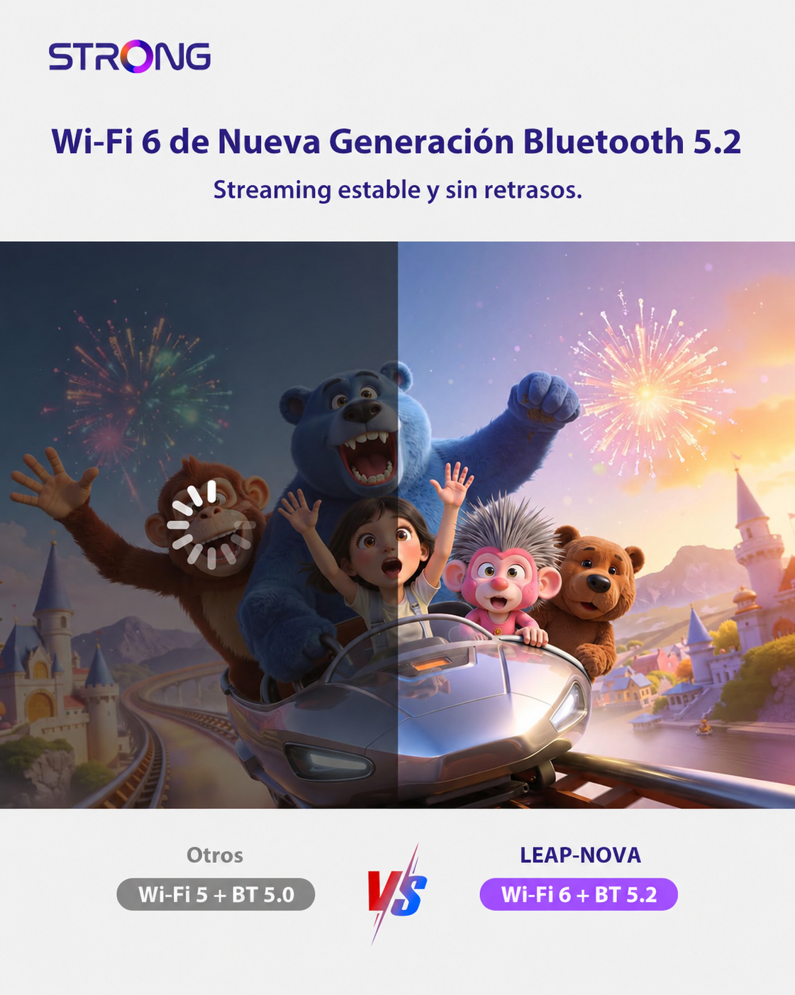 Anuncio comparativo con personajes en una montaña rusa bajo fuegos artificiales, destacando Wi-Fi 6 y Bluetooth 5.2.