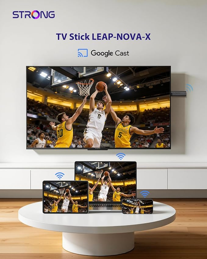 Un dispositivo de TV transmite juegos de baloncesto de forma inalámbrica a varios dispositivos.