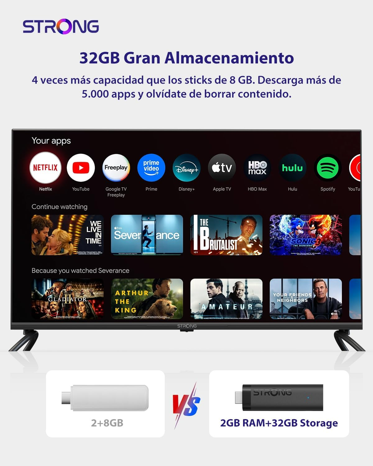 Un televisor Strong muestra aplicaciones y películas en pantalla, comparado con un stick de 8GB.