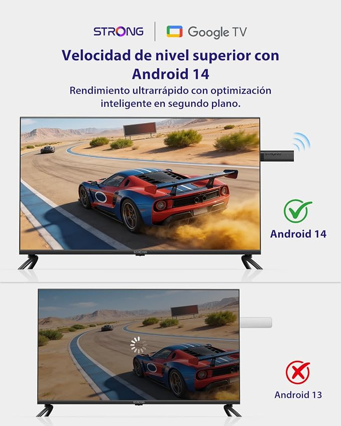 Comparación entre Android 14 y Android 13 en un televisor con escena de carreras.