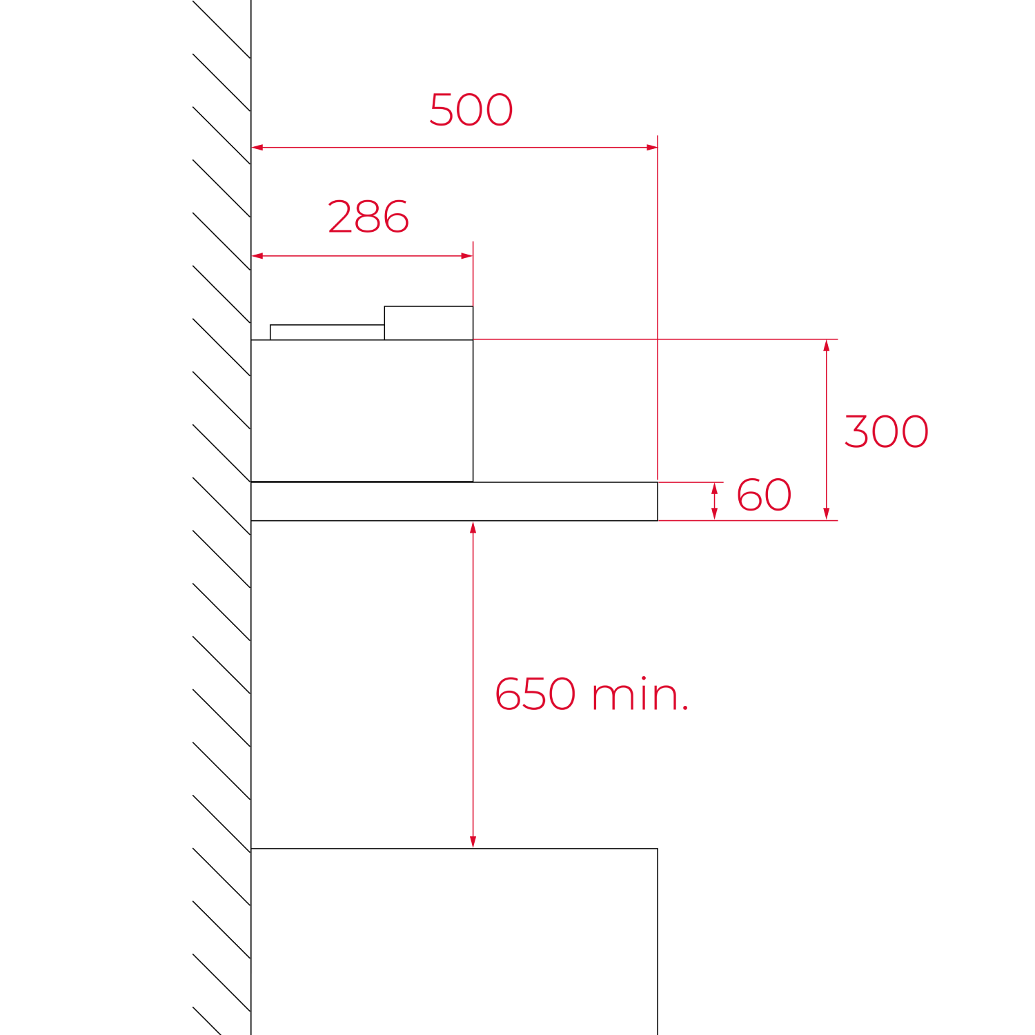 Dibujo técnico con cotas para un mueble en una pared.