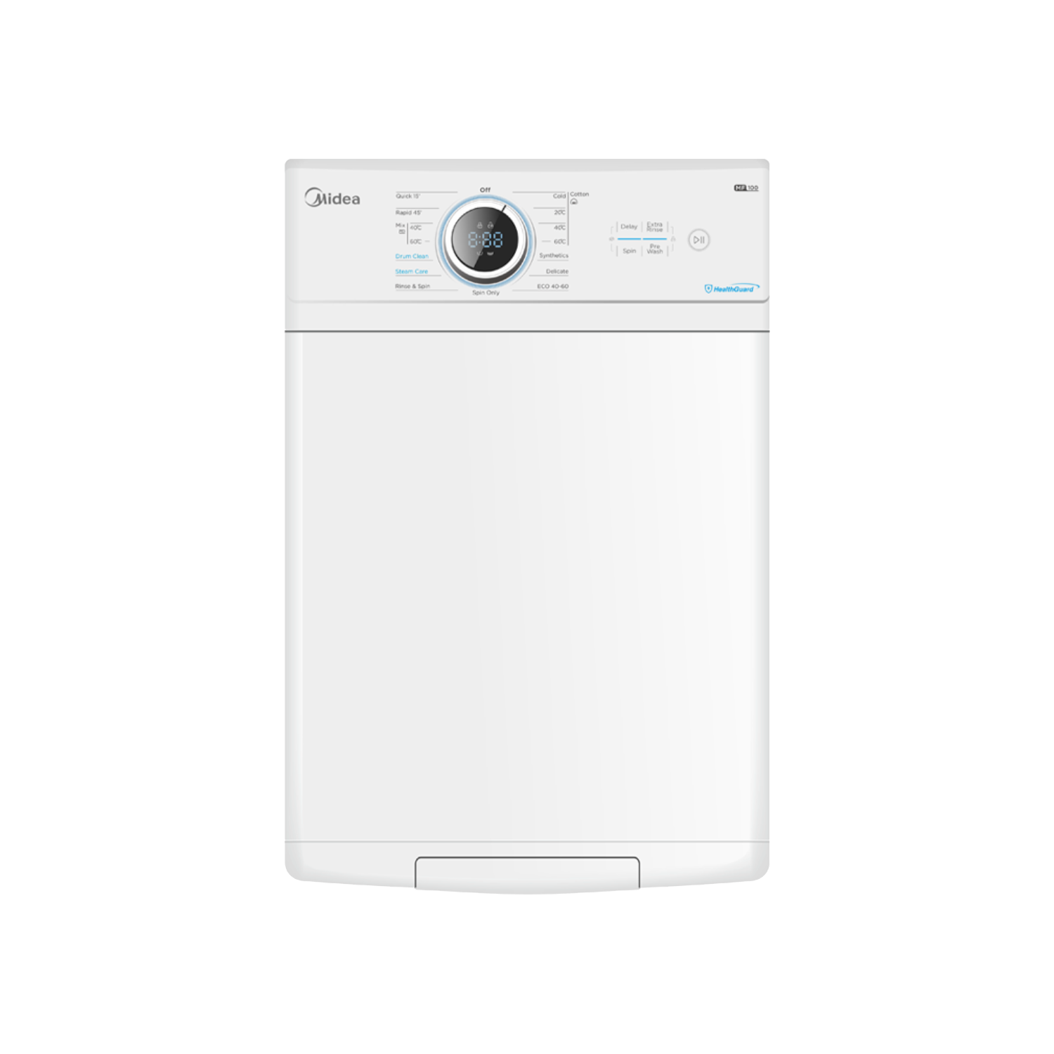 Una lavadora de carga superior blanca Midea con una pantalla digital redonda central y selector arriba.
