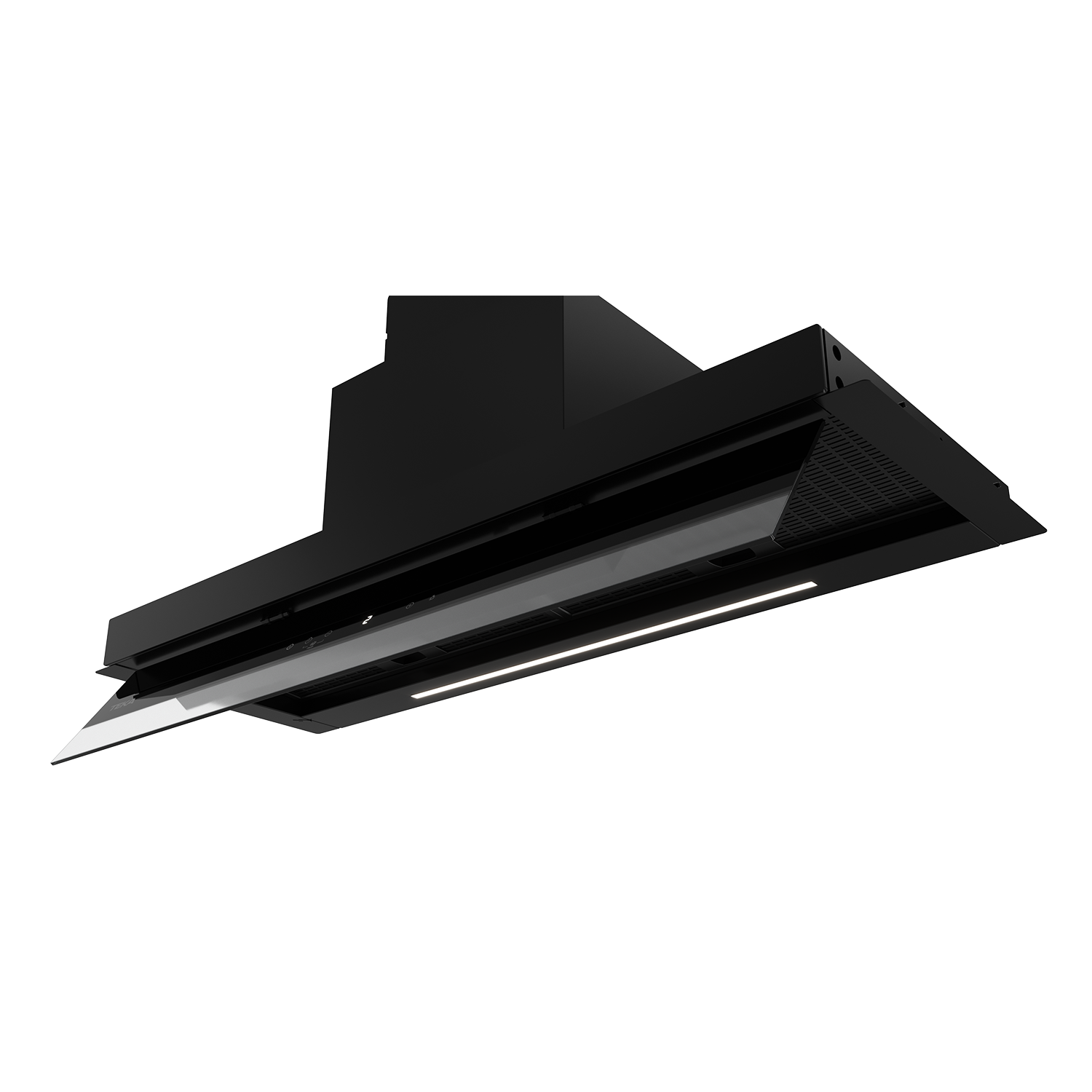 Moderna campana extractora negra con luz LED integrada sobre fondo negro.
