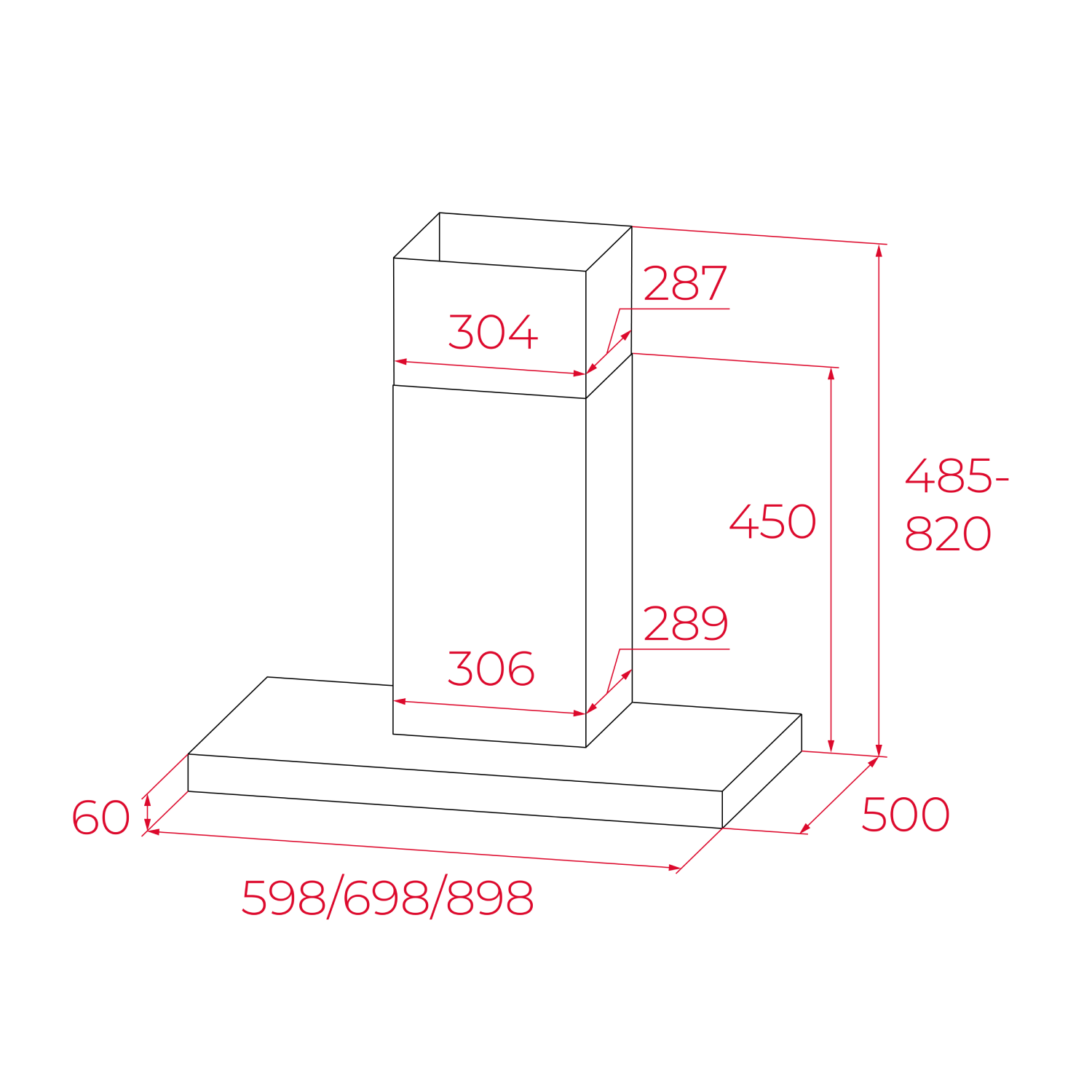 Dibujo técnico de una campana extractora con dimensiones rojas sobre fondo blanco.