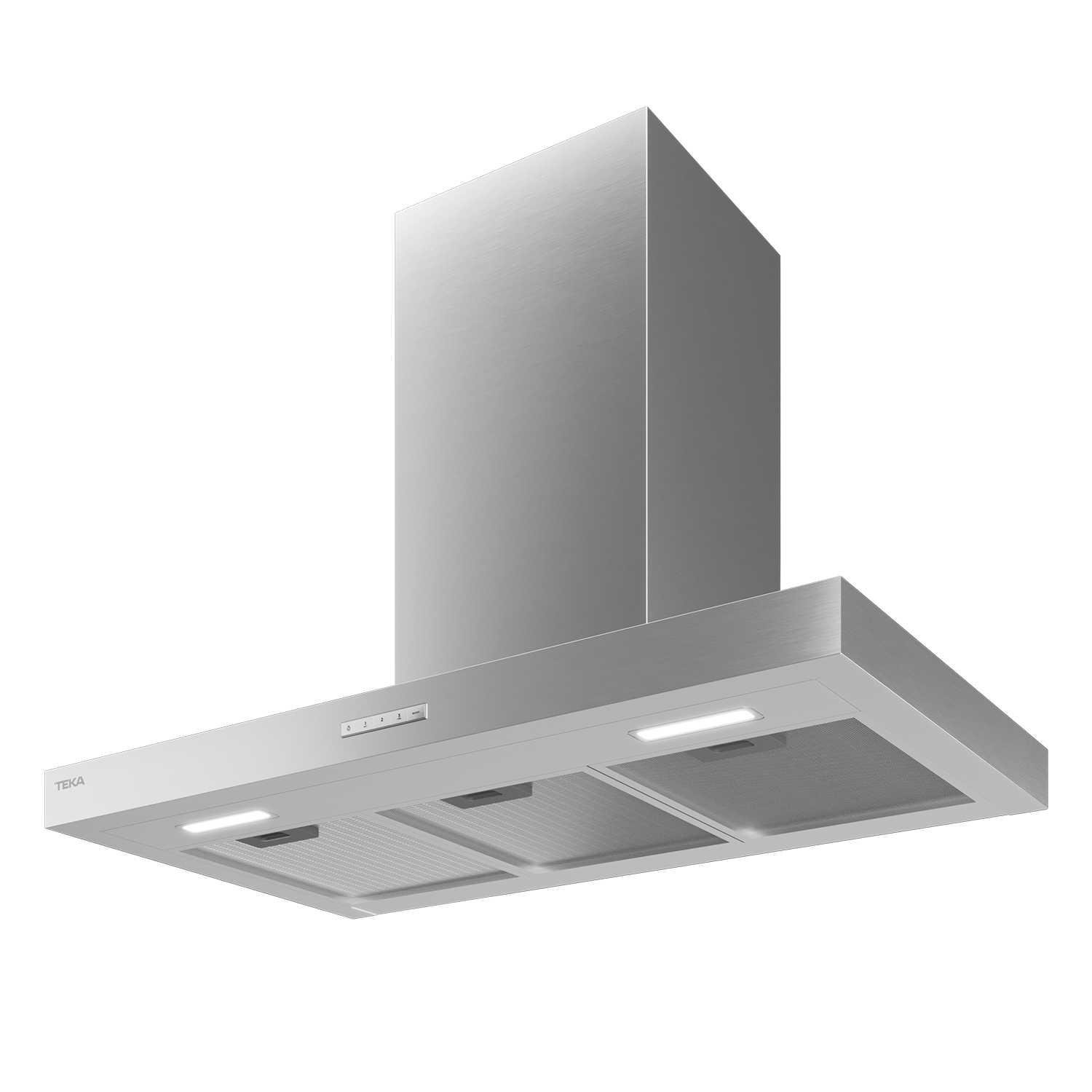 Moderna campana extractora de acero inoxidable con luces LED integradas sobre fondo negro.