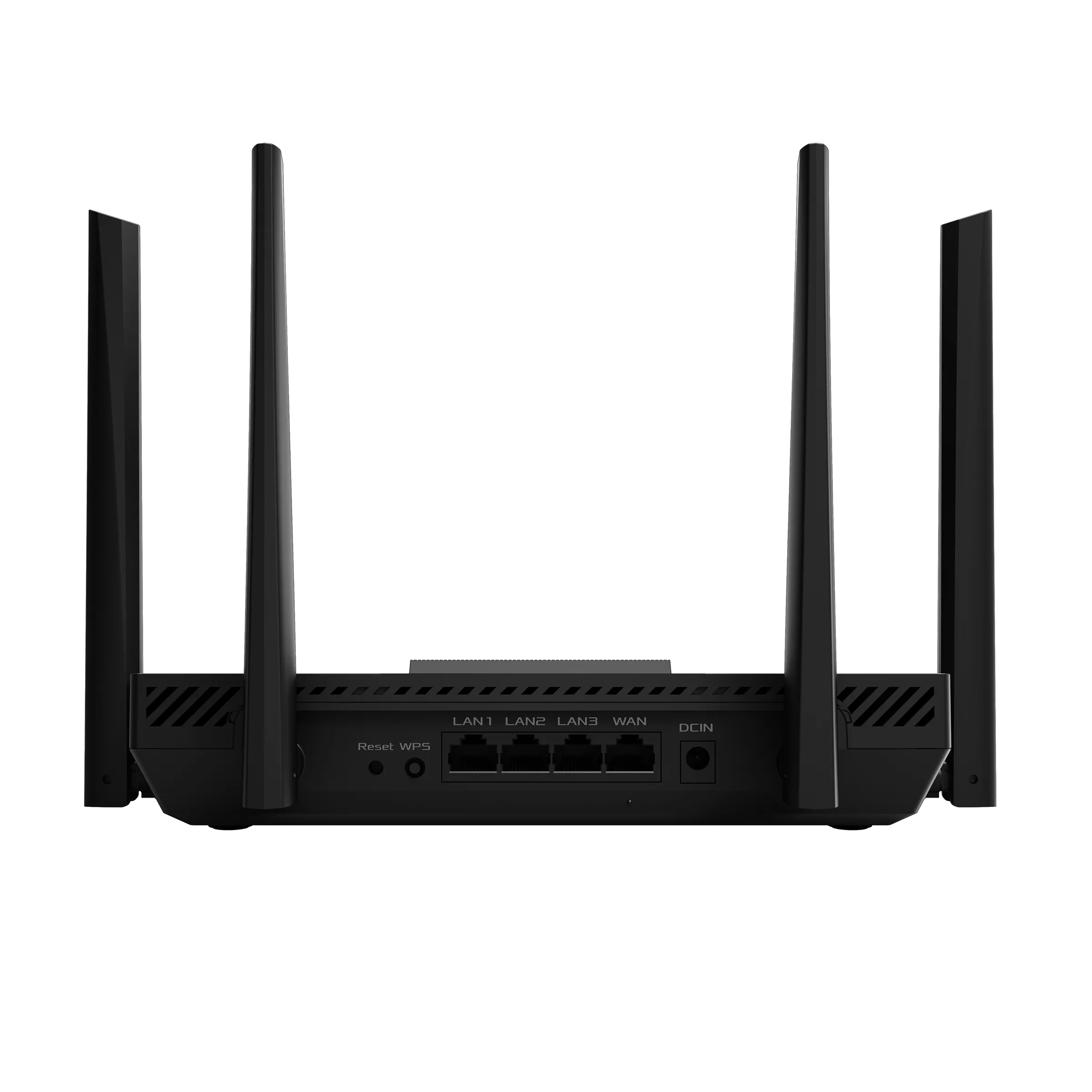 Vista trasera de un enrutador Wi-Fi negro con cuatro antenas y puertos LAN, WAN y de energía.