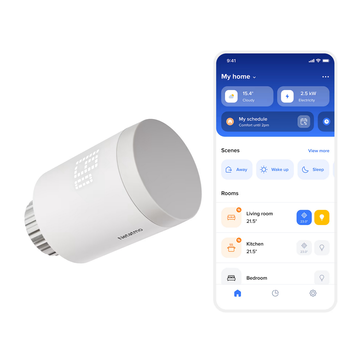 Una válvula de radiador inteligente Netatmo blanca junto a un smartphone con la aplicación.