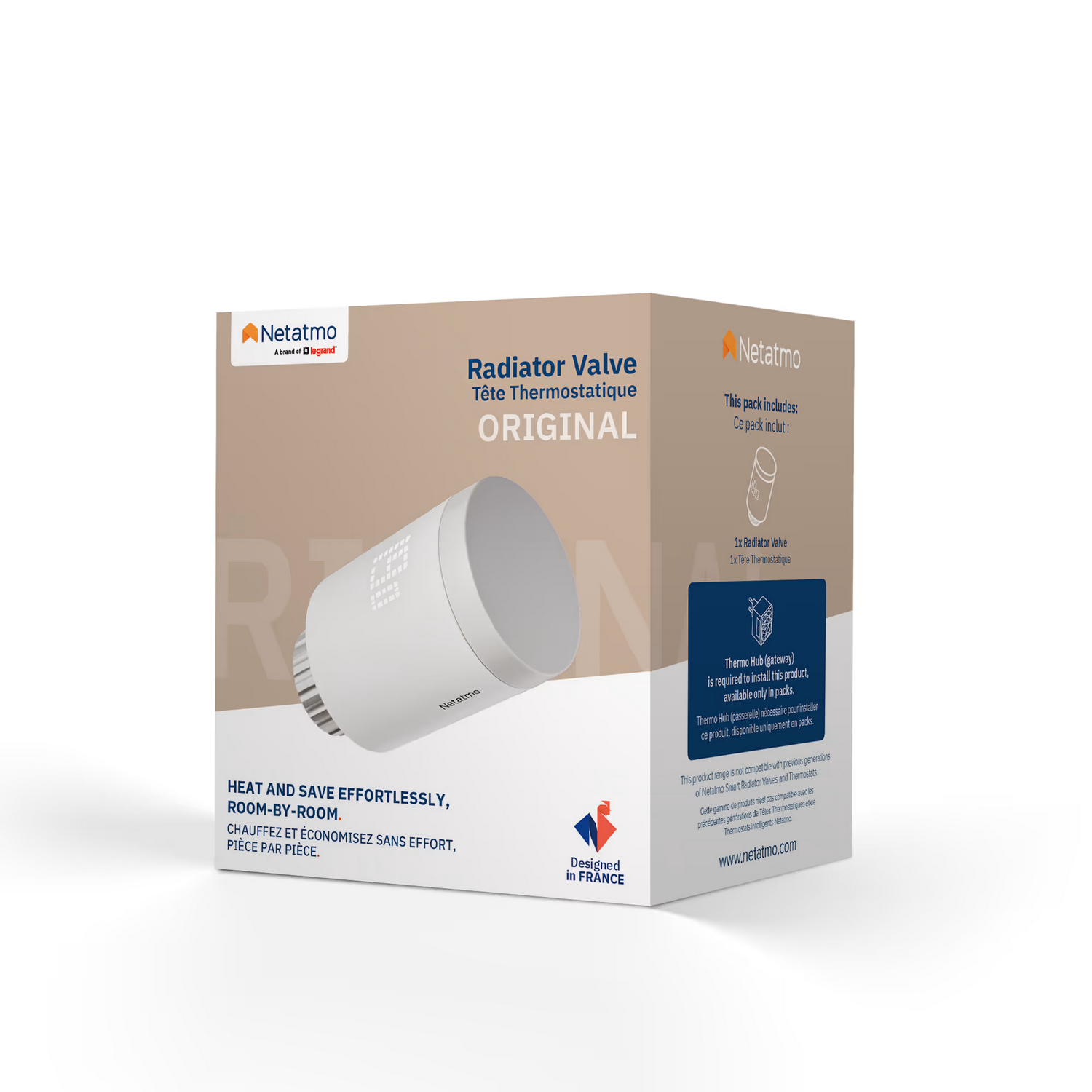 Embalaje de una válvula de radiador Netatmo con la imagen del dispositivo y texto en el frente y lateral.