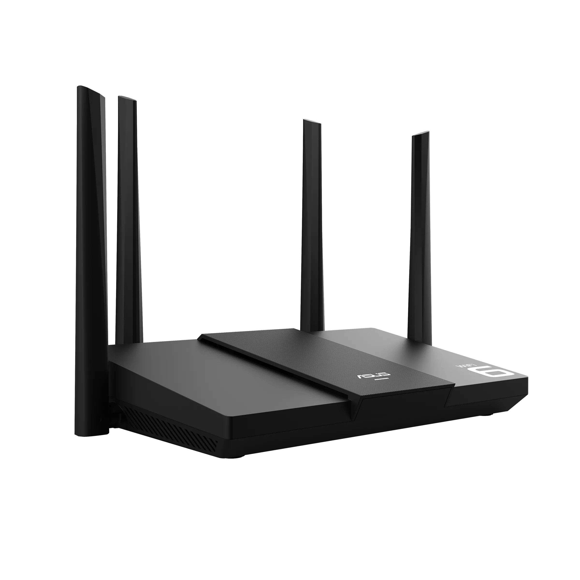 Un router Wi-Fi negro con cuatro antenas verticales se encuentra sobre una superficie blanca.