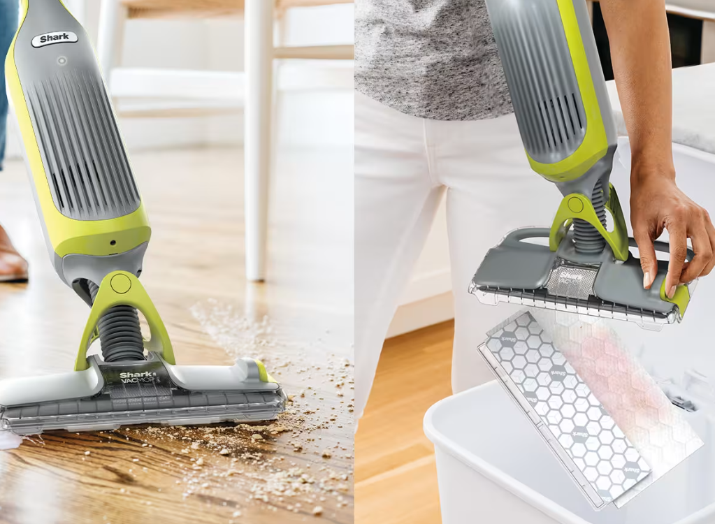 Mop Shark VacMop czysci podloge i wyrzuca brudna wkladke do kosza.