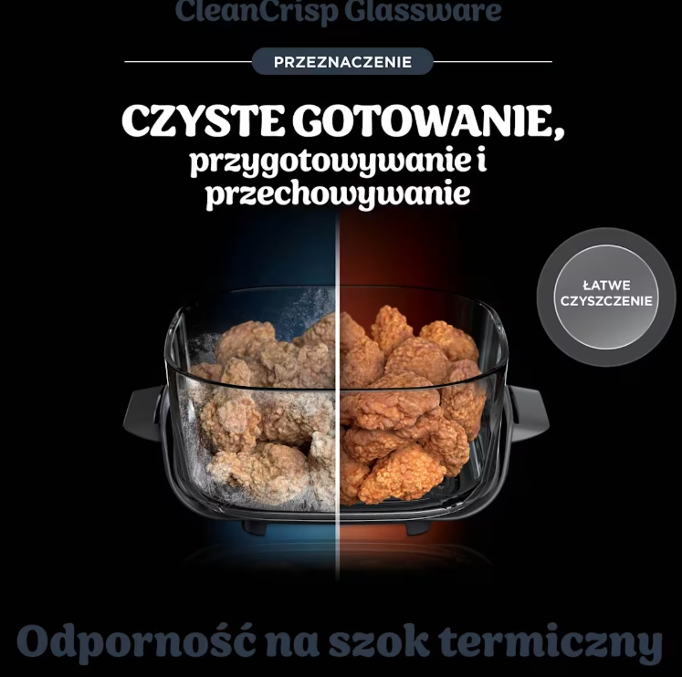 Szklane naczynie z kawałkami kurczaka, podzielone na zimną niebieską i ciepłą czerwoną stronę.