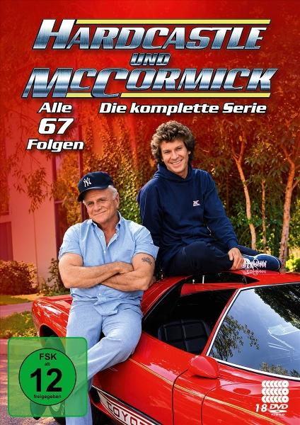 Zwei Männer posieren mit einem roten Auto auf dem DVD-Cover von Hardcastle und McCormick.