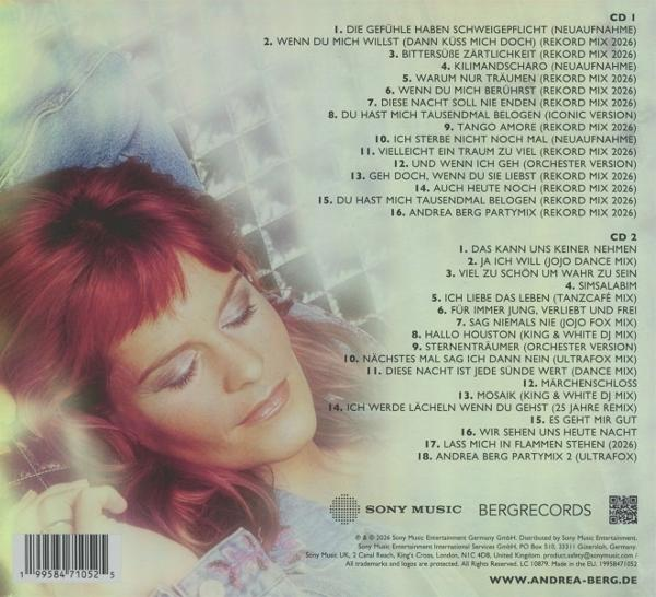 Rückseite einer CD mit Andrea Berg, rotem Haar und Songlisten für CD 1 und CD 2 auf hellblauem Hintergrund.