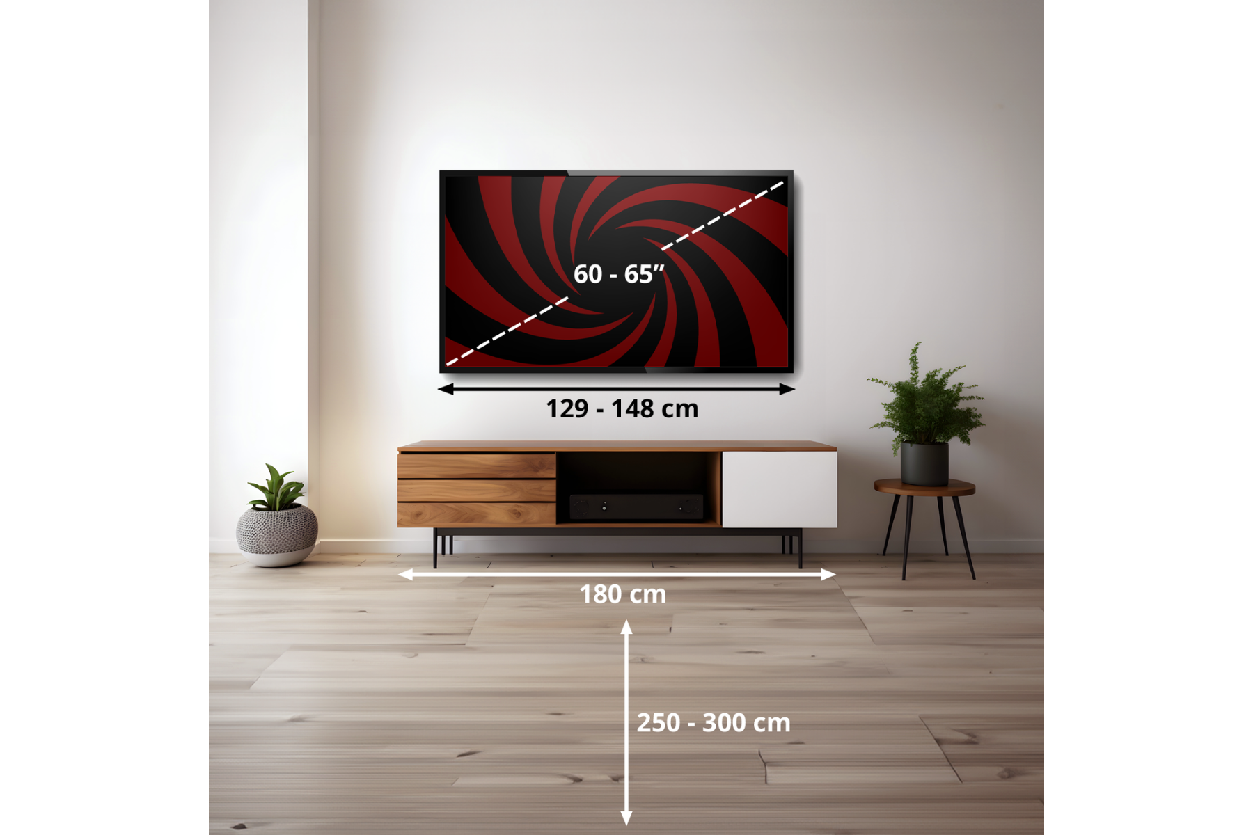 Salón con TV en la pared, mueble multimedia y medidas superpuestas de distancia y tamaño.