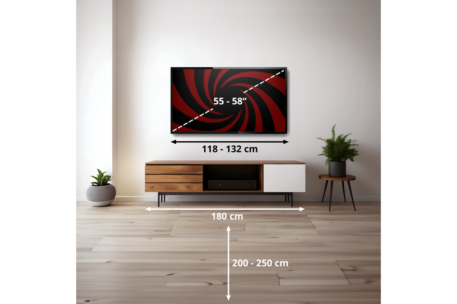 Salón con TV en la pared, mueble de TV debajo sobre suelo de madera, con medidas de dimensiones.