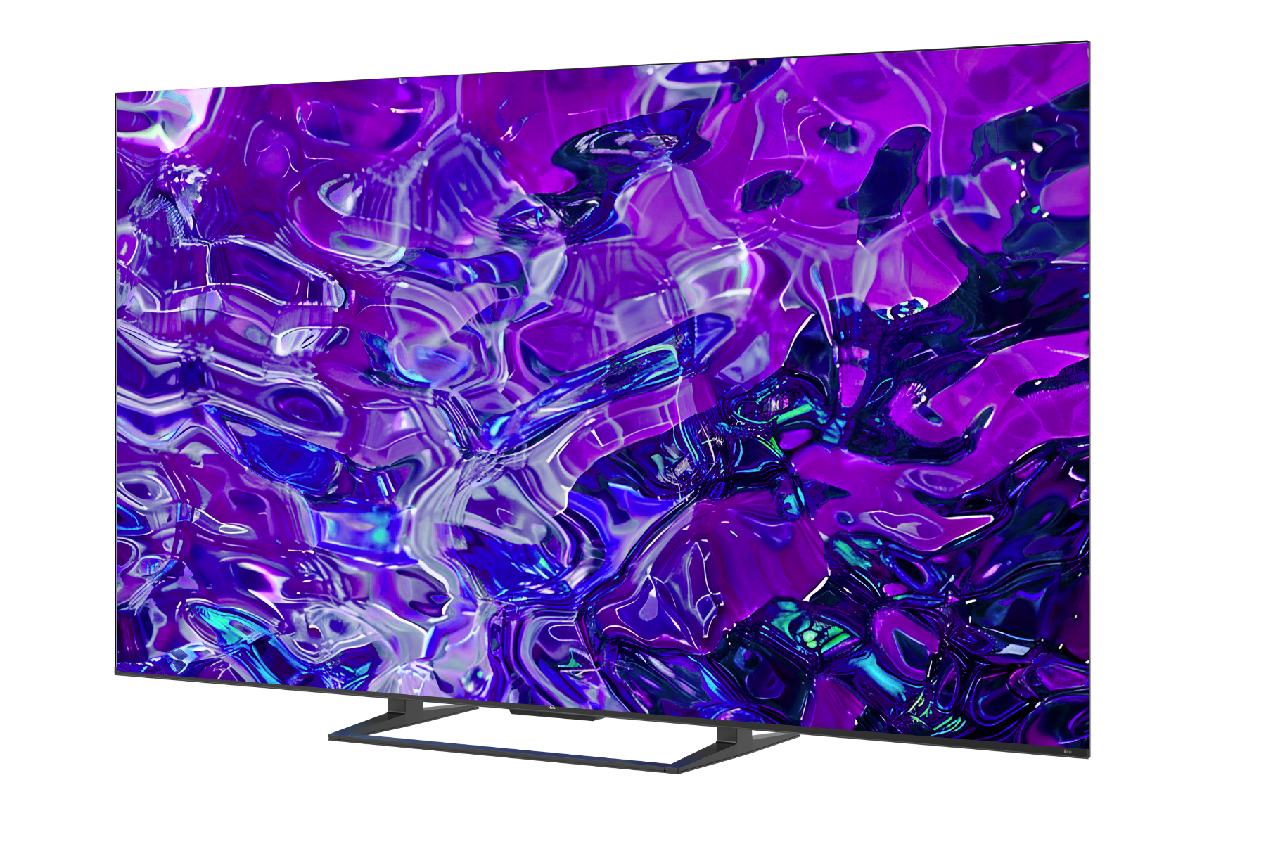 Un televisor de pantalla plana sobre fondo negro muestra un gráfico abstracto en morado y azul.