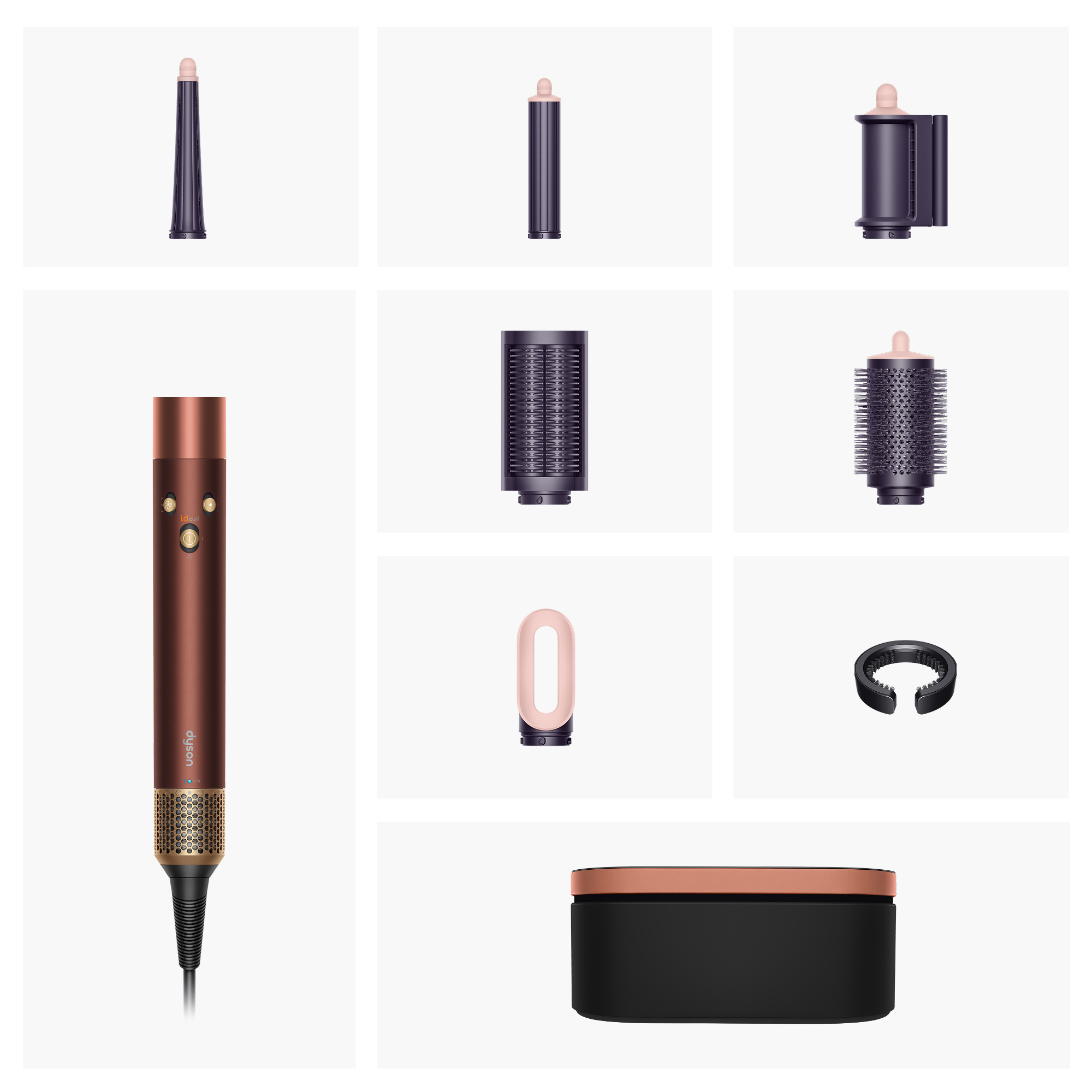 Multistyler Dyson z nasadkami i etui na jasnym tle.