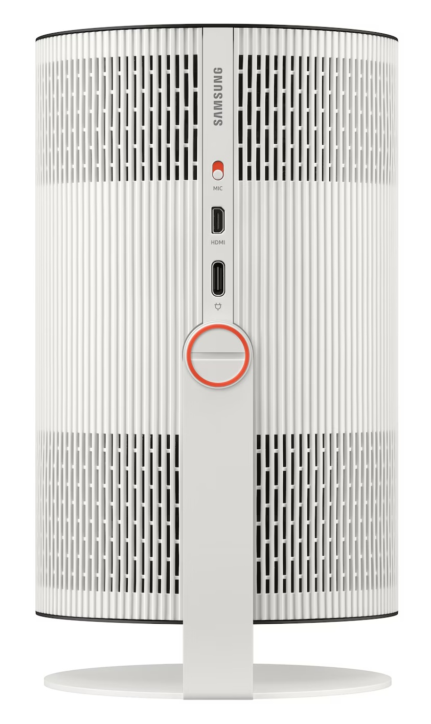 Widok z przodu cylindrycznego, białego urządzenia Samsung z pionowymi szczelinami wentylacyjnymi i portami.