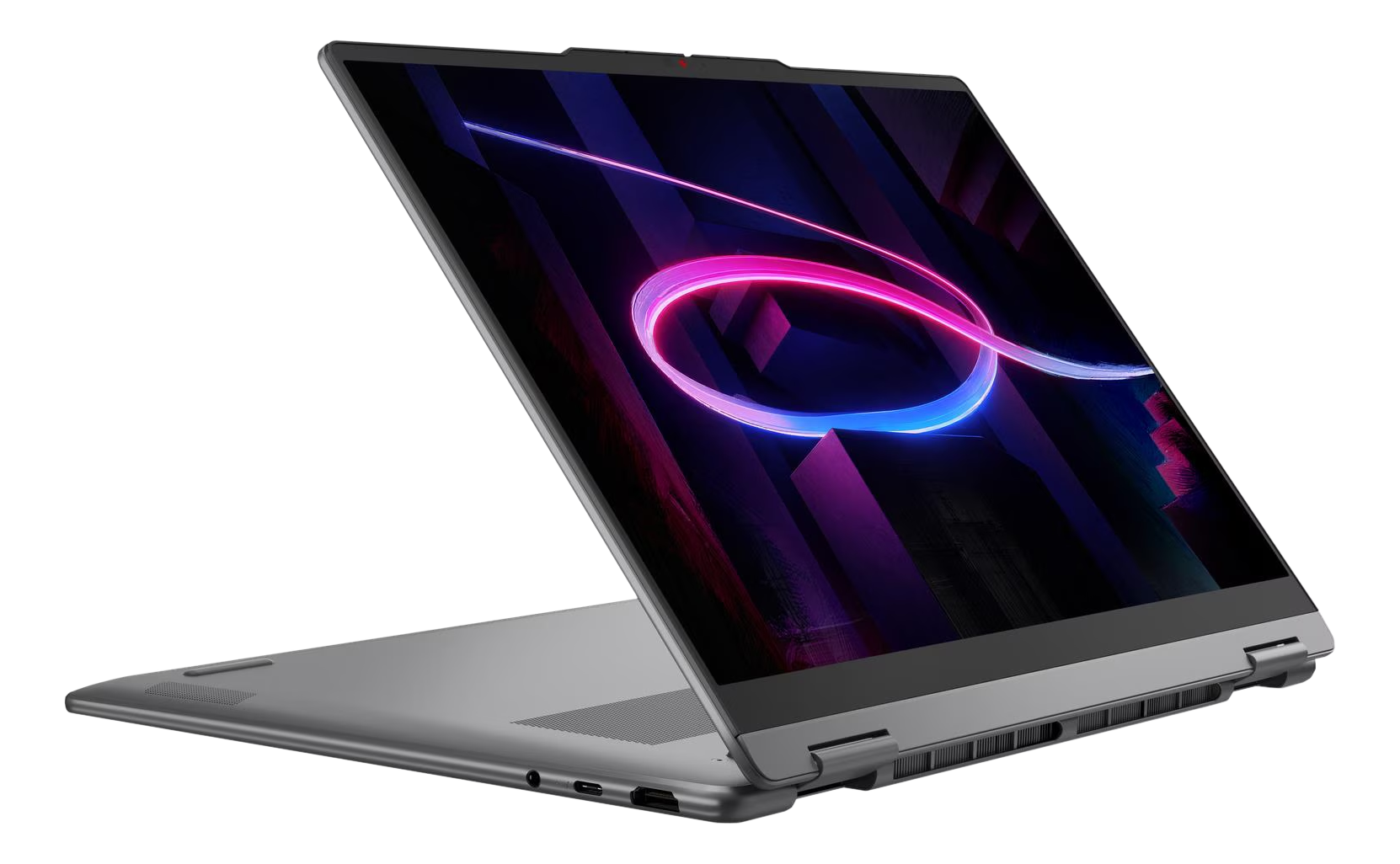 Ein silberner Laptop ist auf einem schwarzen Hintergrund geöffnet und zeigt ein farbenfrohes Neon-Display.