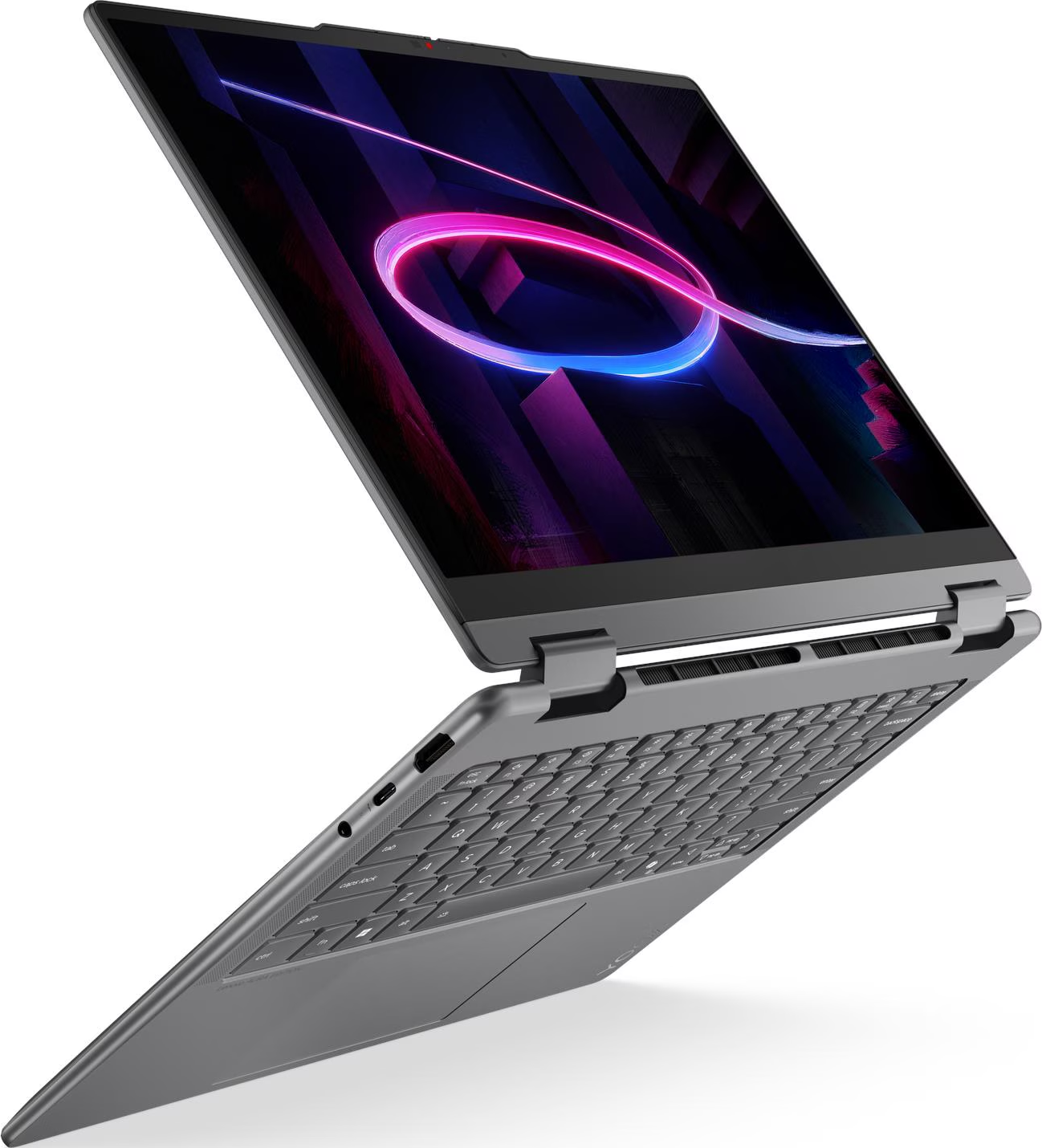Ein graues Convertible-Laptop im Winkel geöffnet vor weißem Hintergrund mit einem leuchtenden Neon-Bildschirm.