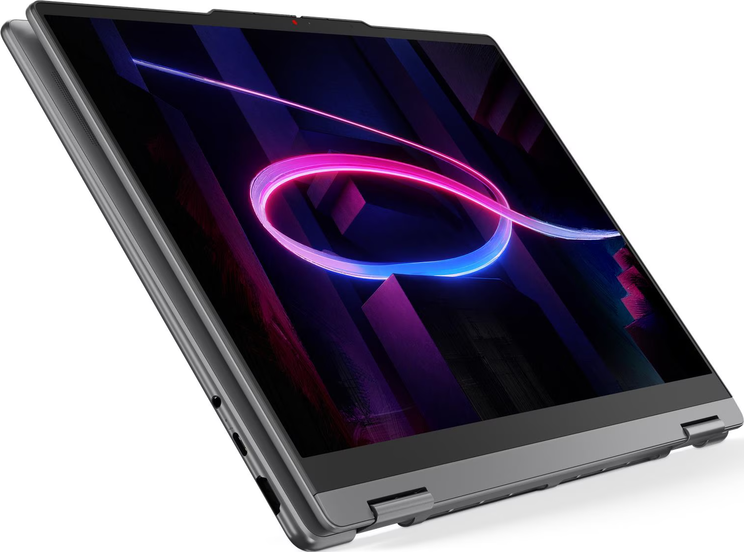 Grauer Laptop im Tent-Modus mit abstrakten, neonfarbenen Linien auf dem Bildschirm.
