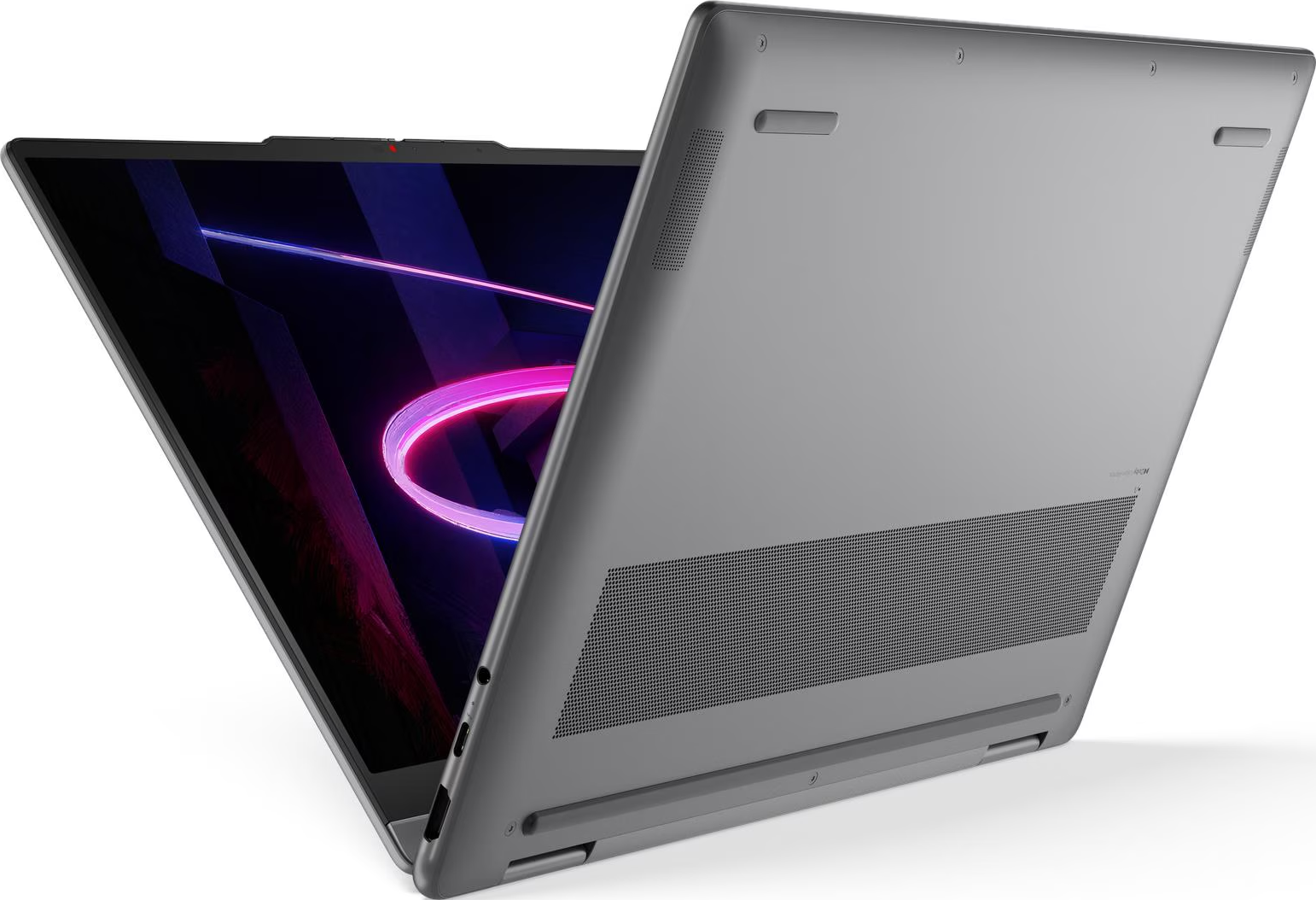 Grauer Laptop, leicht geöffnet, zeigt die Unterseite und den Bildschirm mit violettem Grafikdesign.
