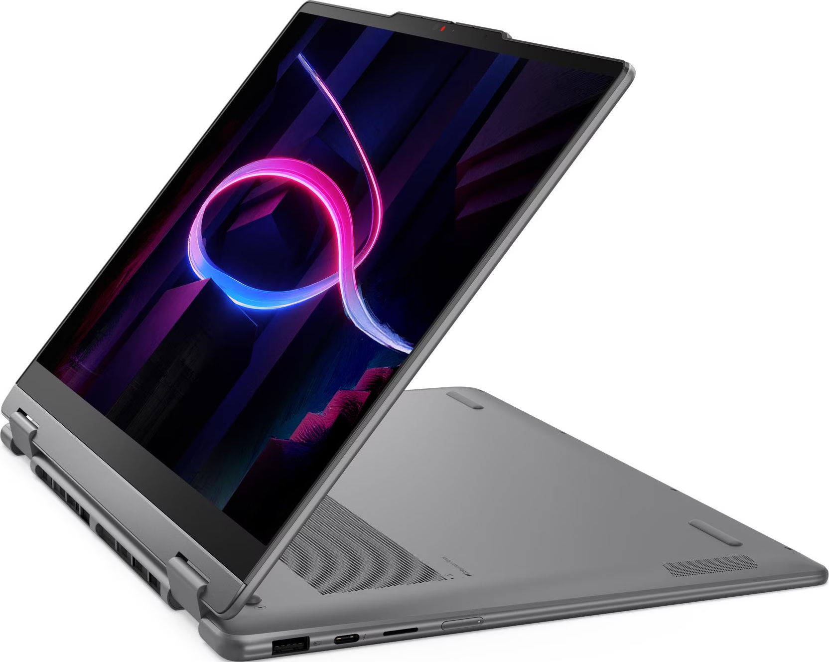 Grauer Laptop im Zeltmodus auf weißem Hintergrund mit leuchtendem Display.