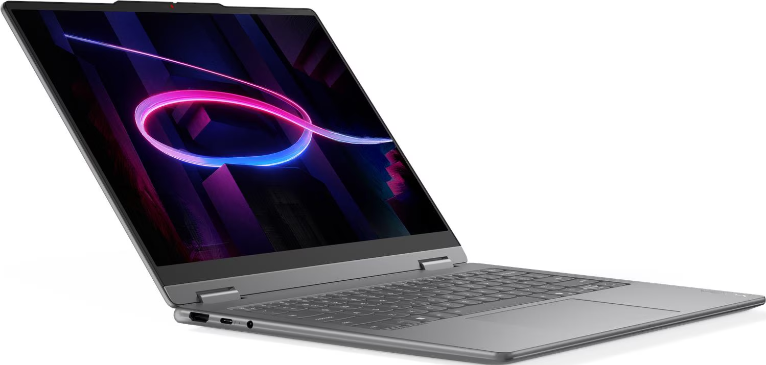 Ein silberner Laptop in Seitenansicht zeigt einen bunten Wirbel auf dem Bildschirm.