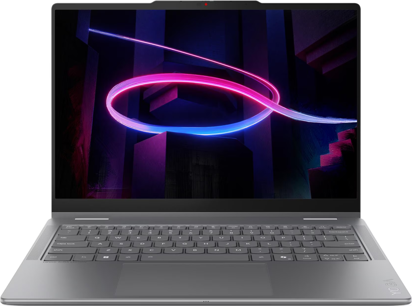 Ein grauer Laptop mit beleuchtetem Bildschirm zeigt eine abstrakte pinke und blaue Neonlichtgrafik auf dunklem Grund.