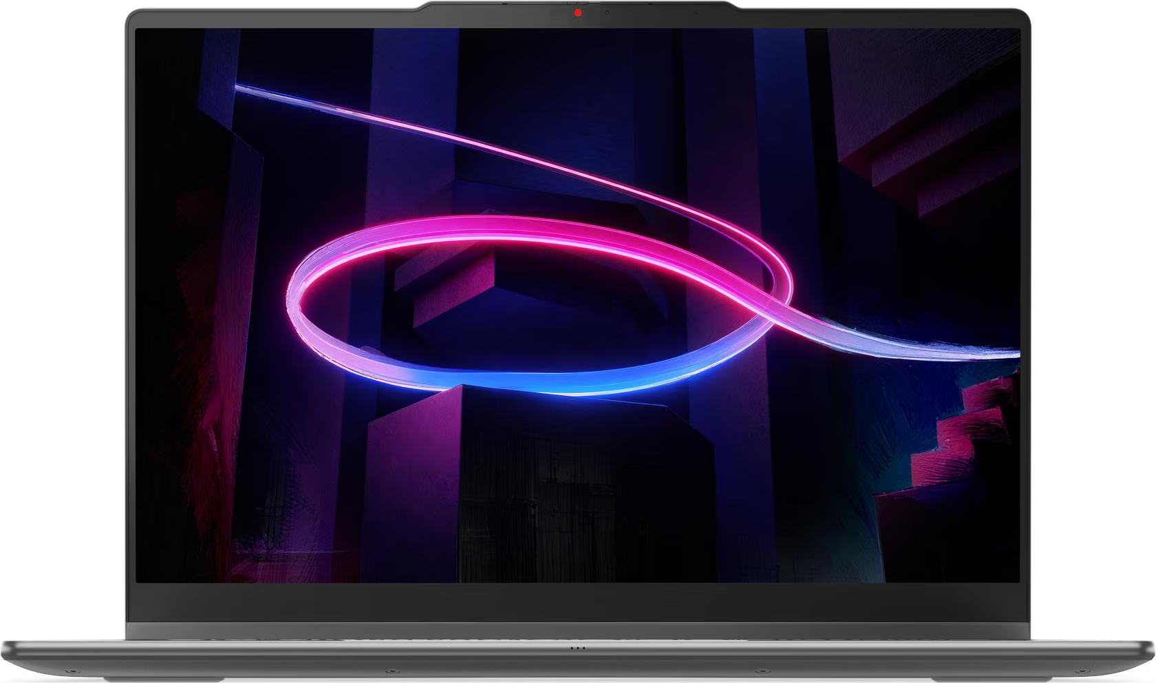 Ein Laptop zeigt ein abstraktes Hintergrundbild mit leuchtend rosa und blauen Lichtspuren vor dunklem Hintergrund.