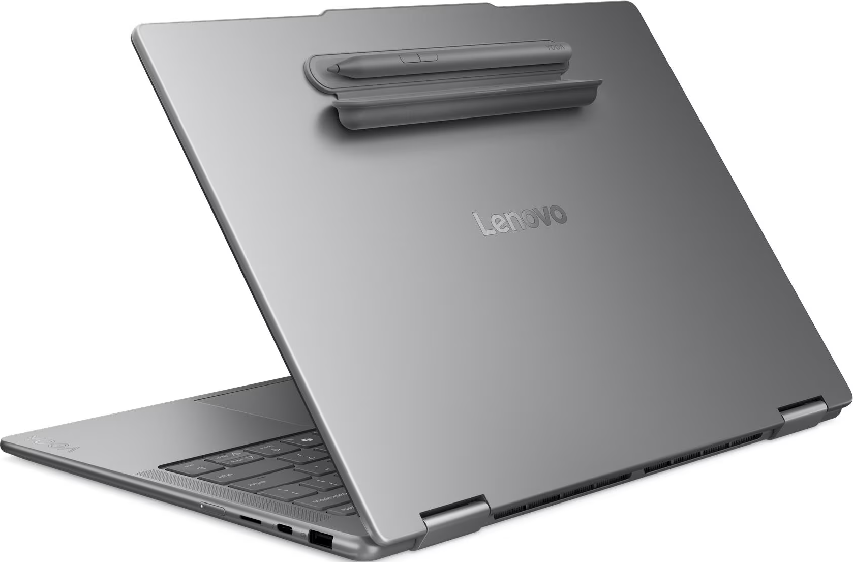 Ein grauer Lenovo Yoga Laptop mit einem Stylus-Stift und einer Halterung auf der Rückseite des Bildschirms.